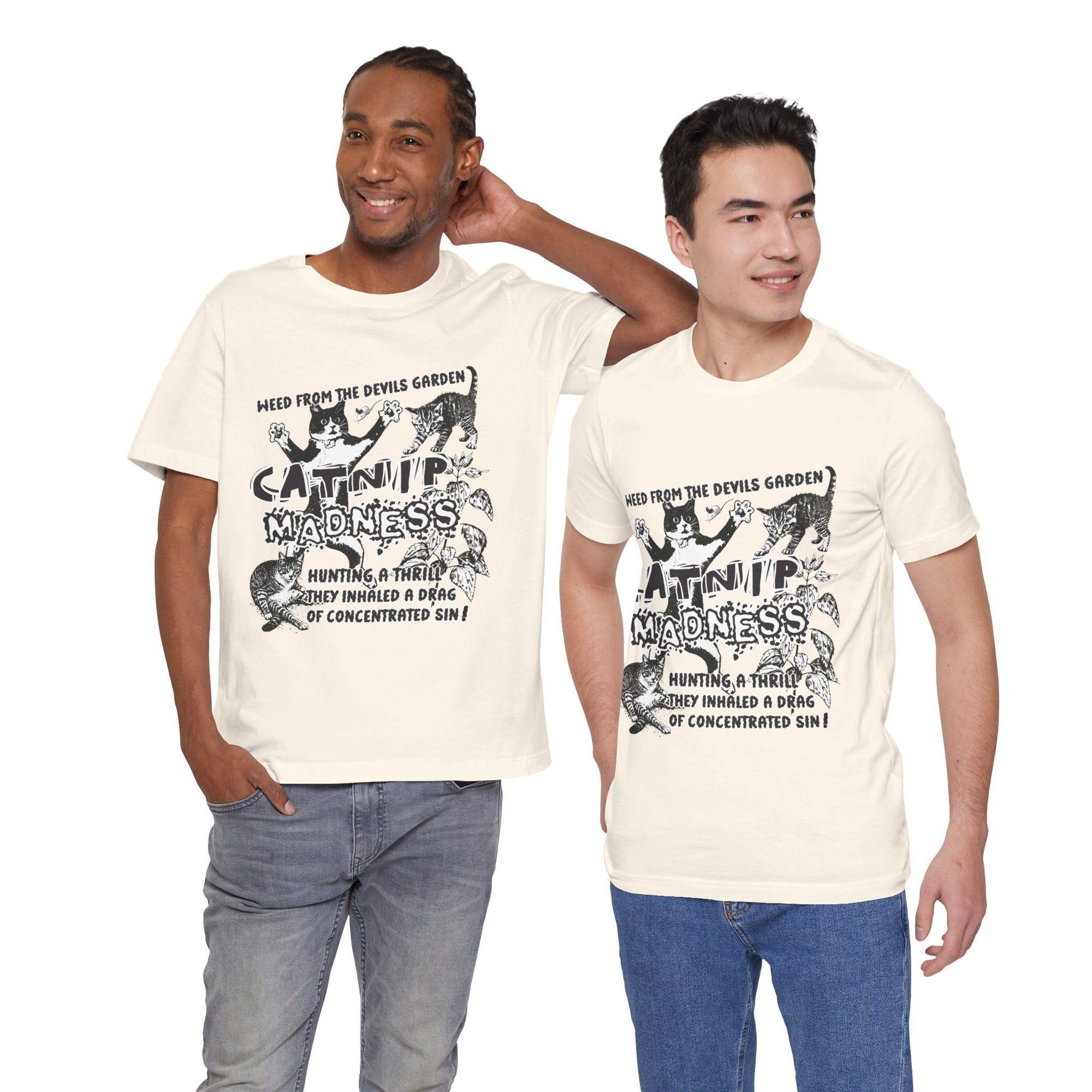 Two men wearing t-shirts with graphic designs and text on a white background