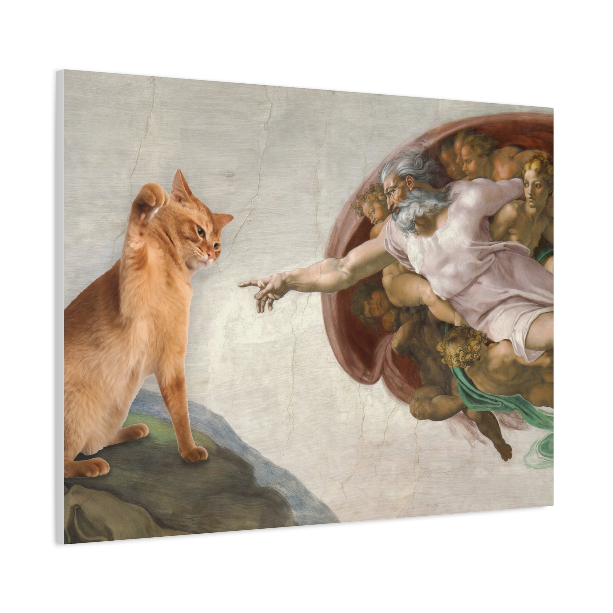 Cat standing on a rock next to a classical painting of a hand reaching towards a cherub.