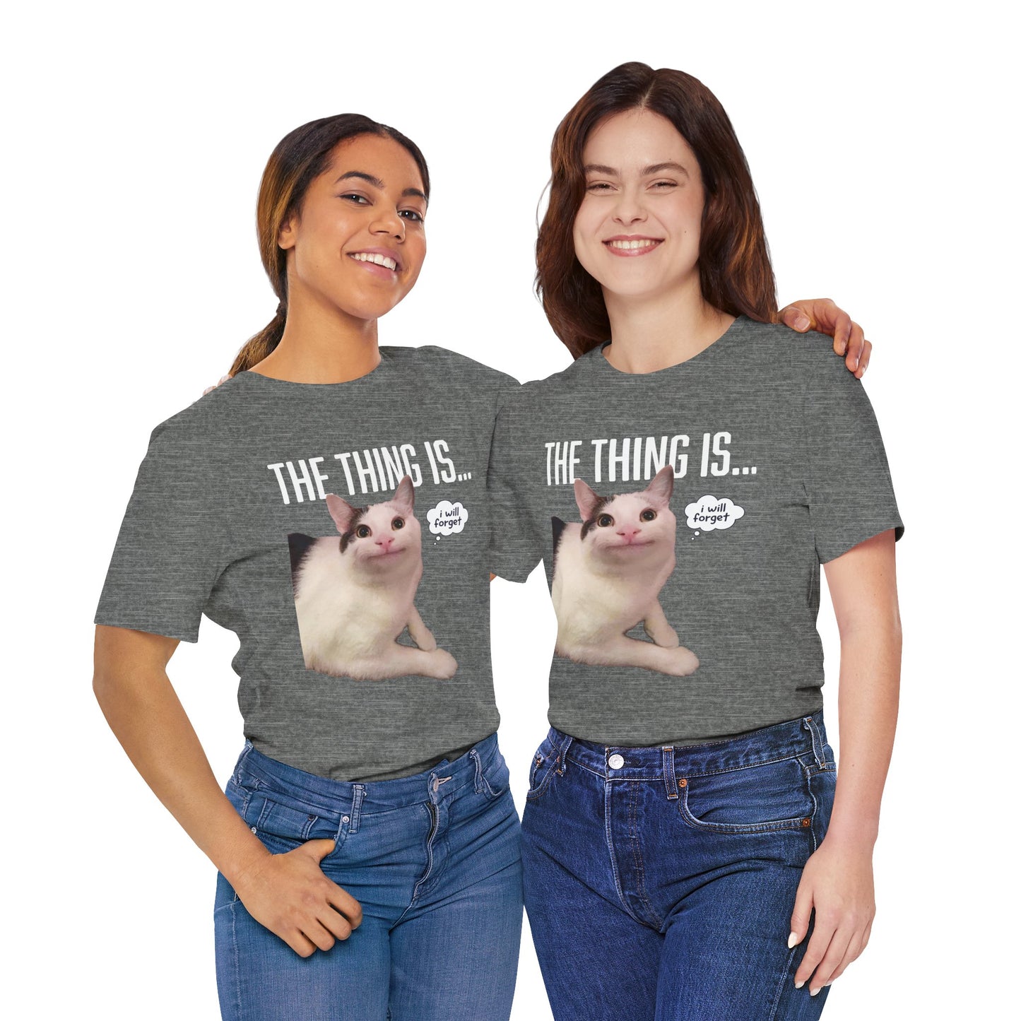Two people wearing gray t-shirts with a cat graphic and text on a white background