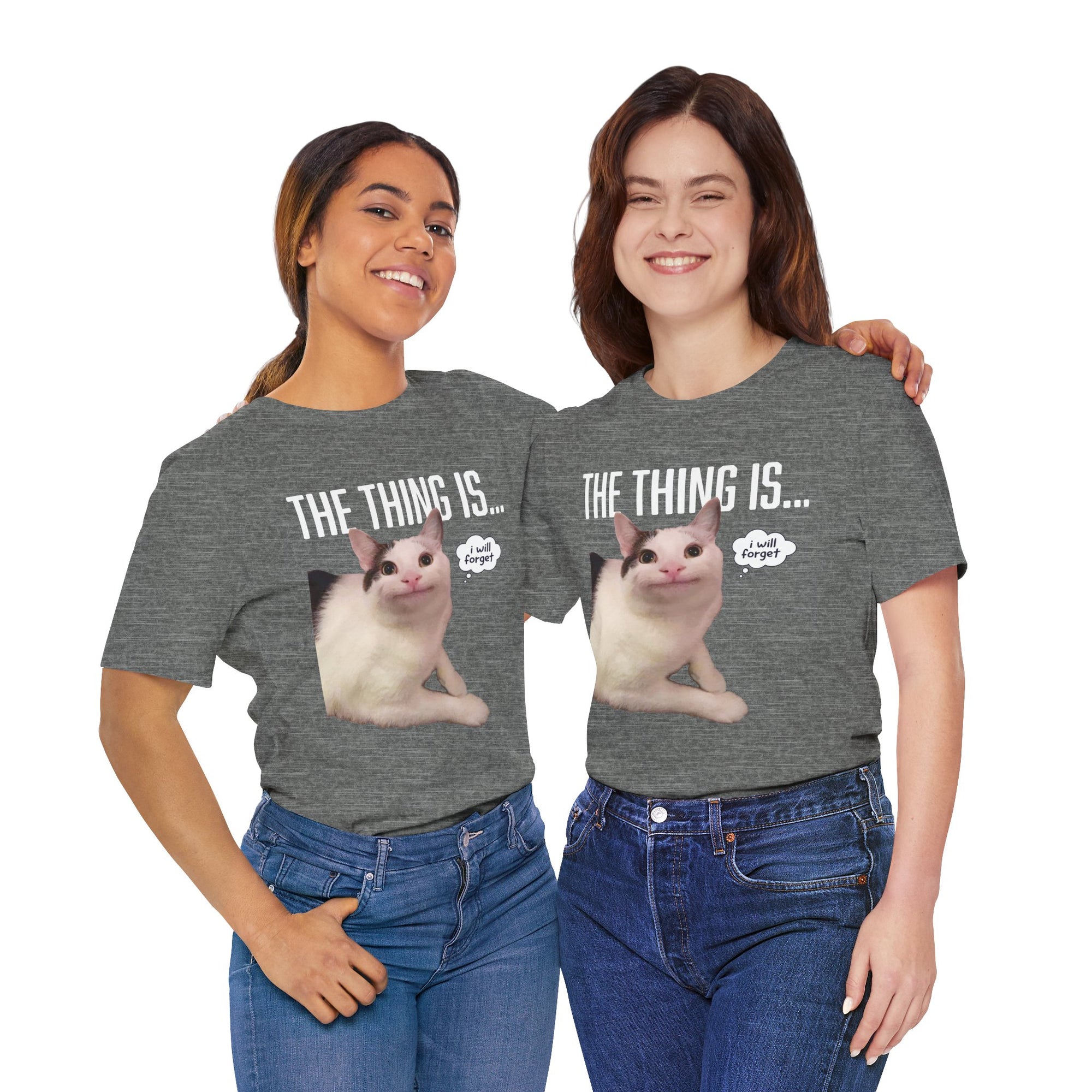 Two people wearing gray t-shirts with a cat graphic and text on a white background