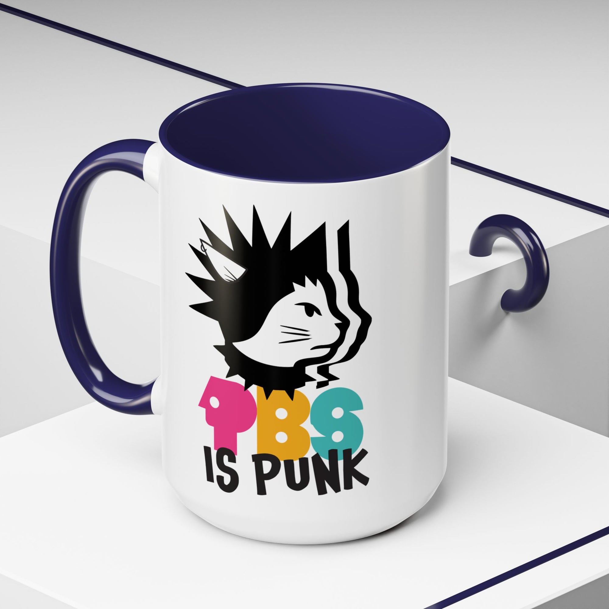 Mug with a graphic design of a cat and text 'PBS is Punk' on a white background