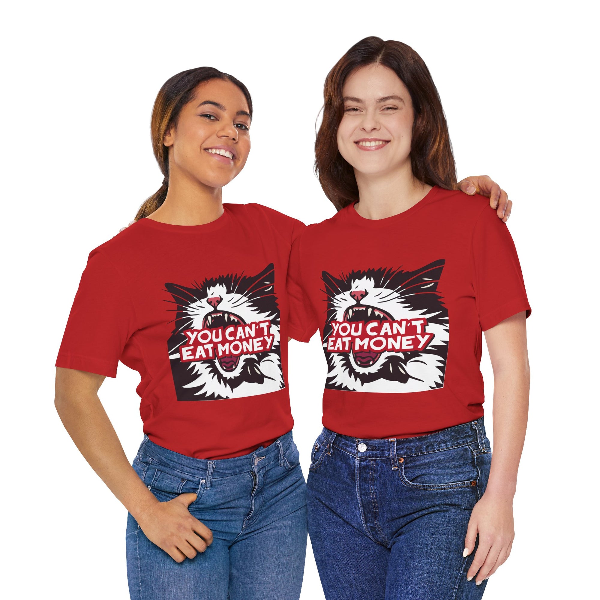 Two people wearing red t-shirts with a graphic of a cat and text on a white background