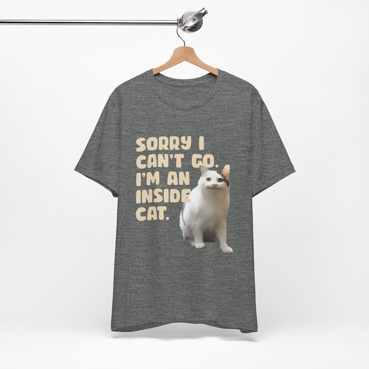 Gray t-shirt with a cat graphic and text on a hanger against a white background