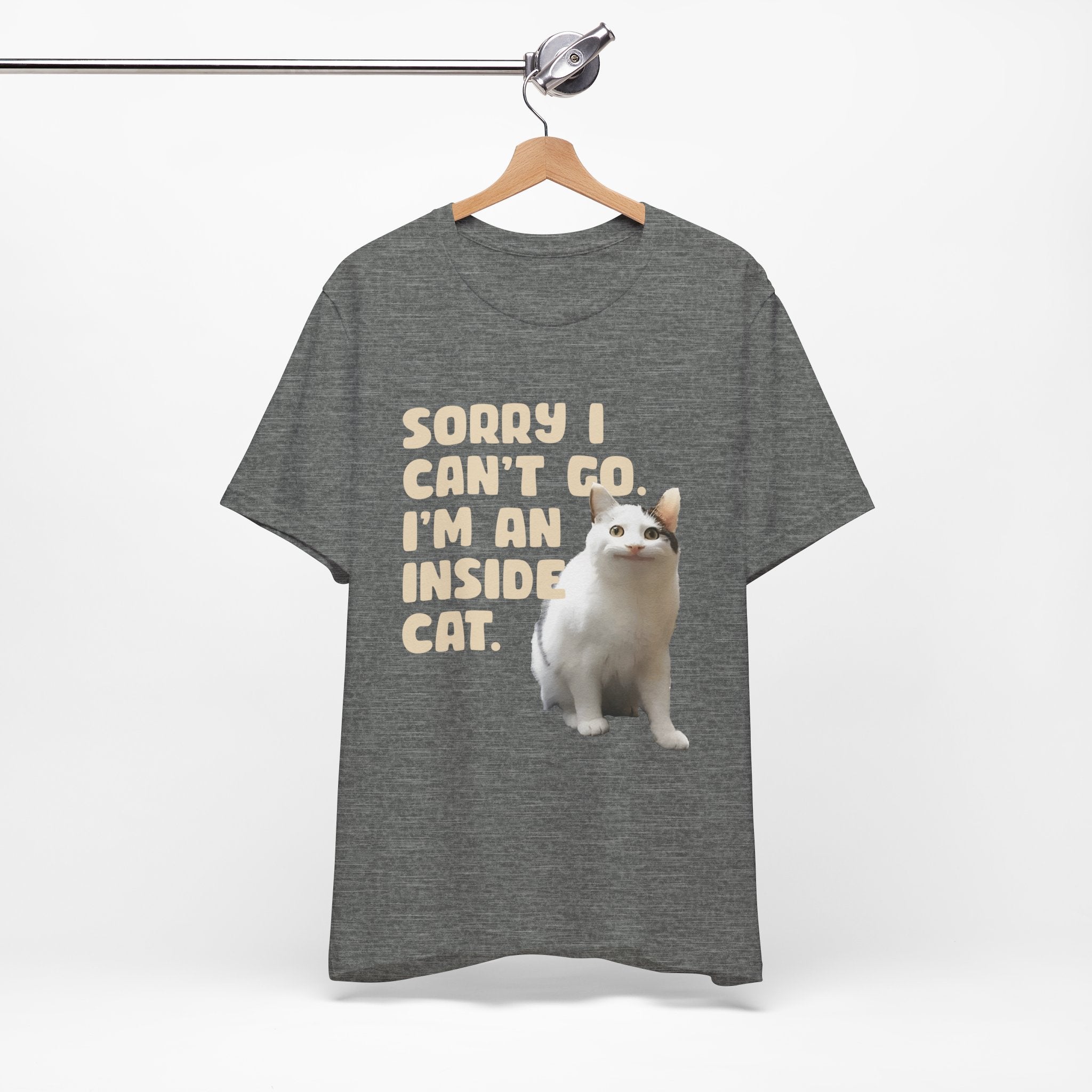 Gray t-shirt with a cat graphic and text on a hanger against a white background