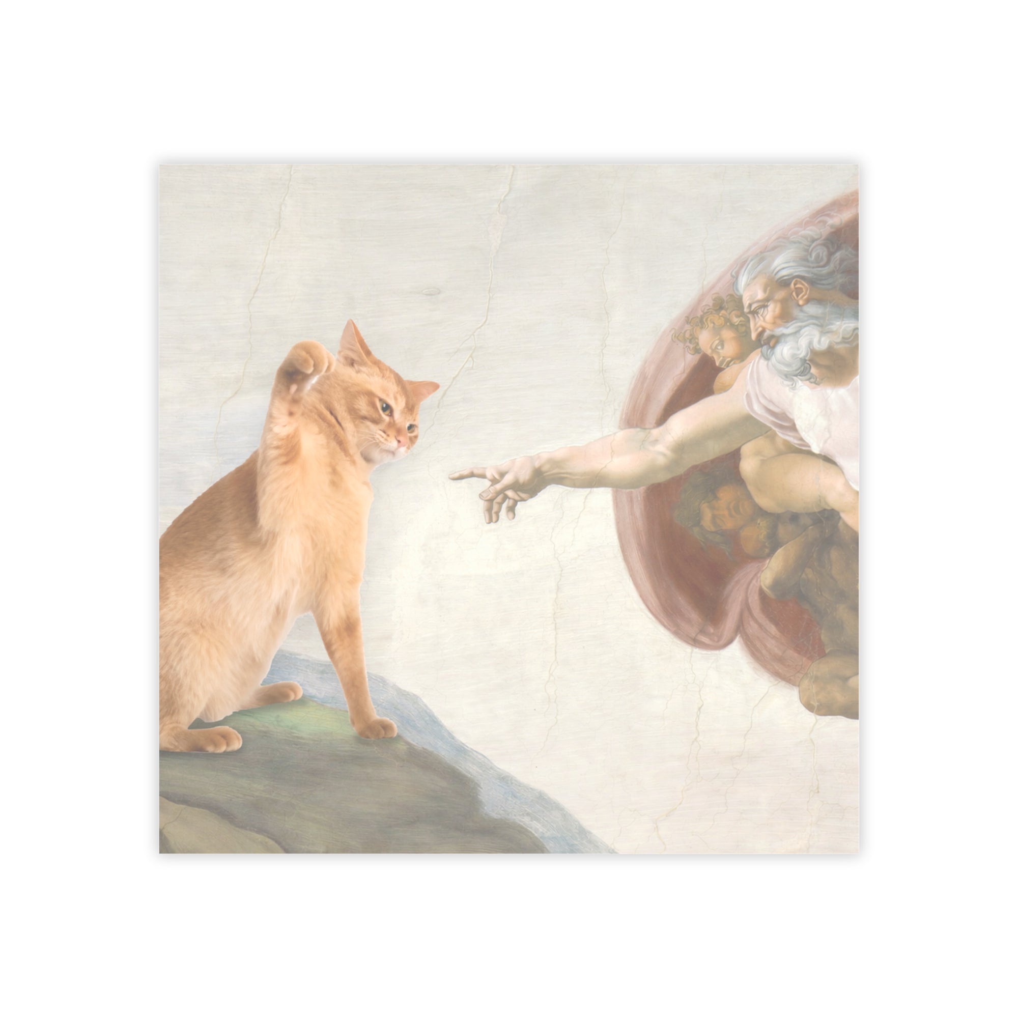 Surreal artwork of a cat interacting with classical figures in a religious setting.