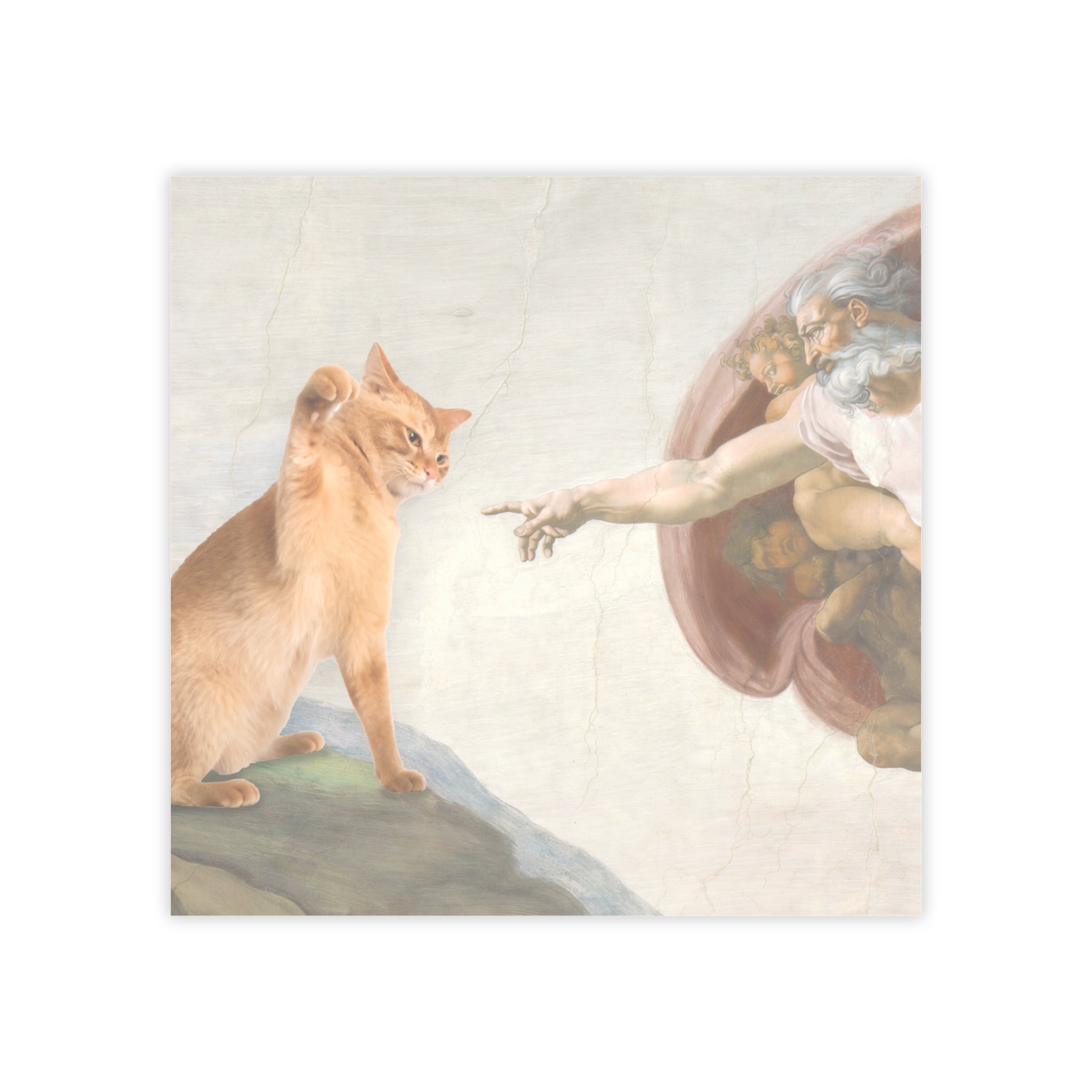 Surreal artwork of a cat interacting with classical figures in a religious setting.