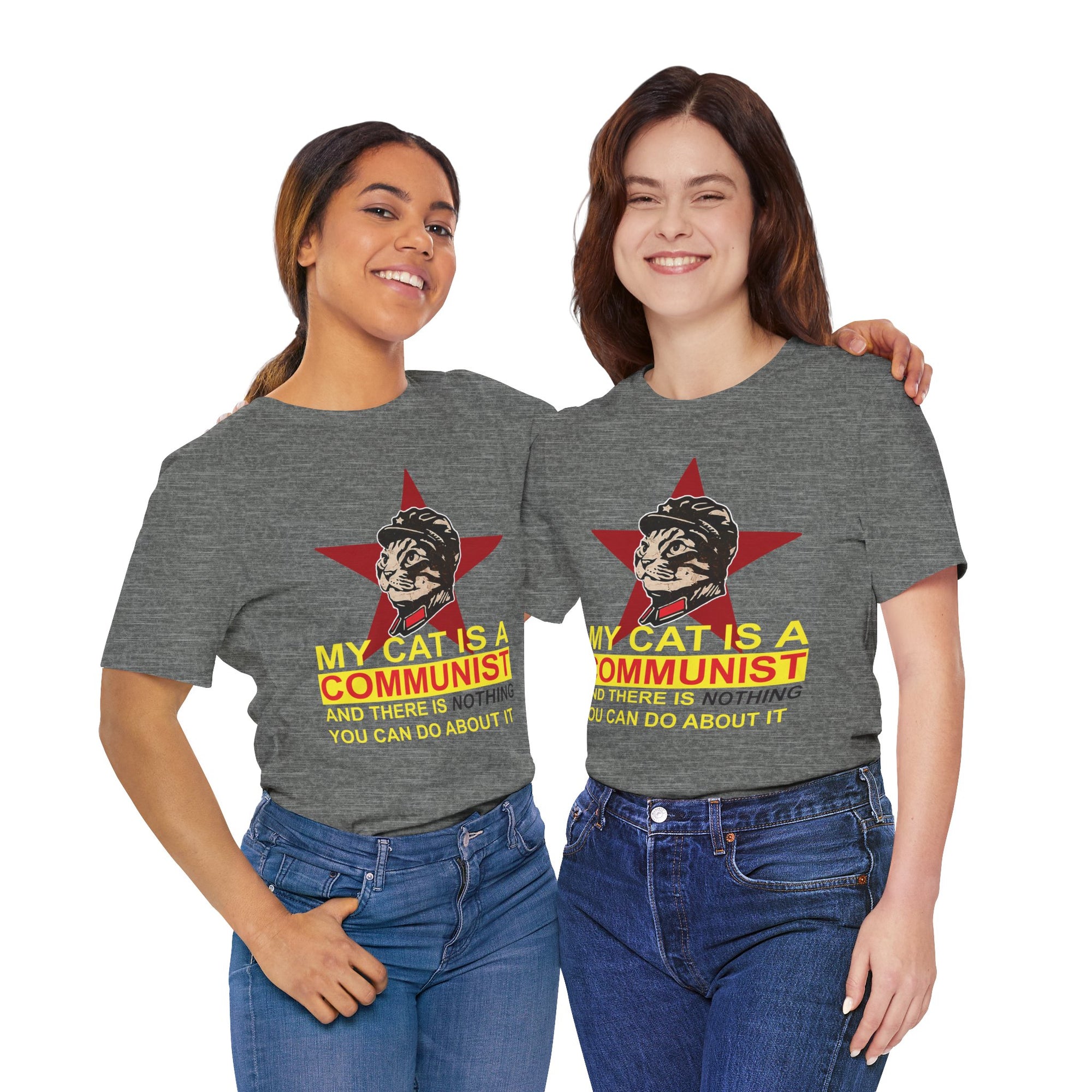 Two people wearing gray t-shirts with a graphic of a cat and text, standing side by side against a white background.