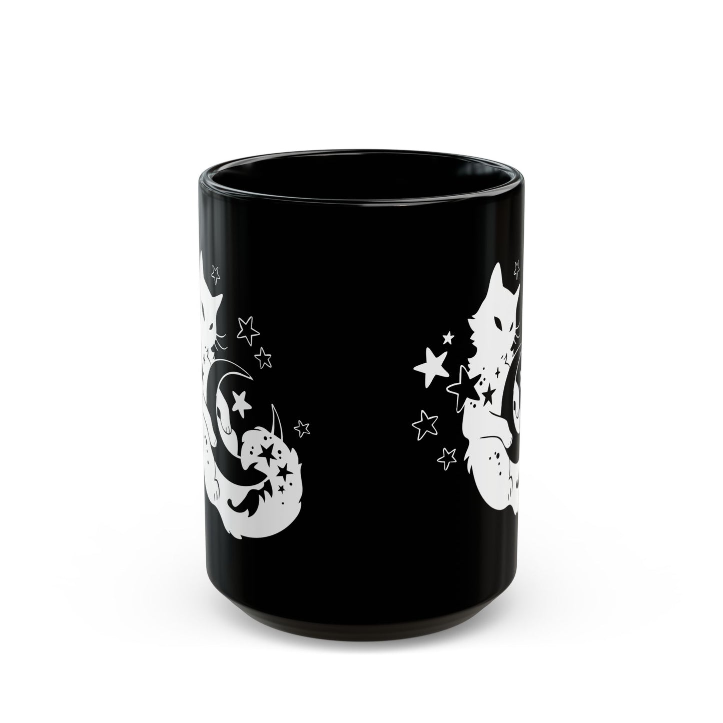 Black mug with white cat and star designs on a white background