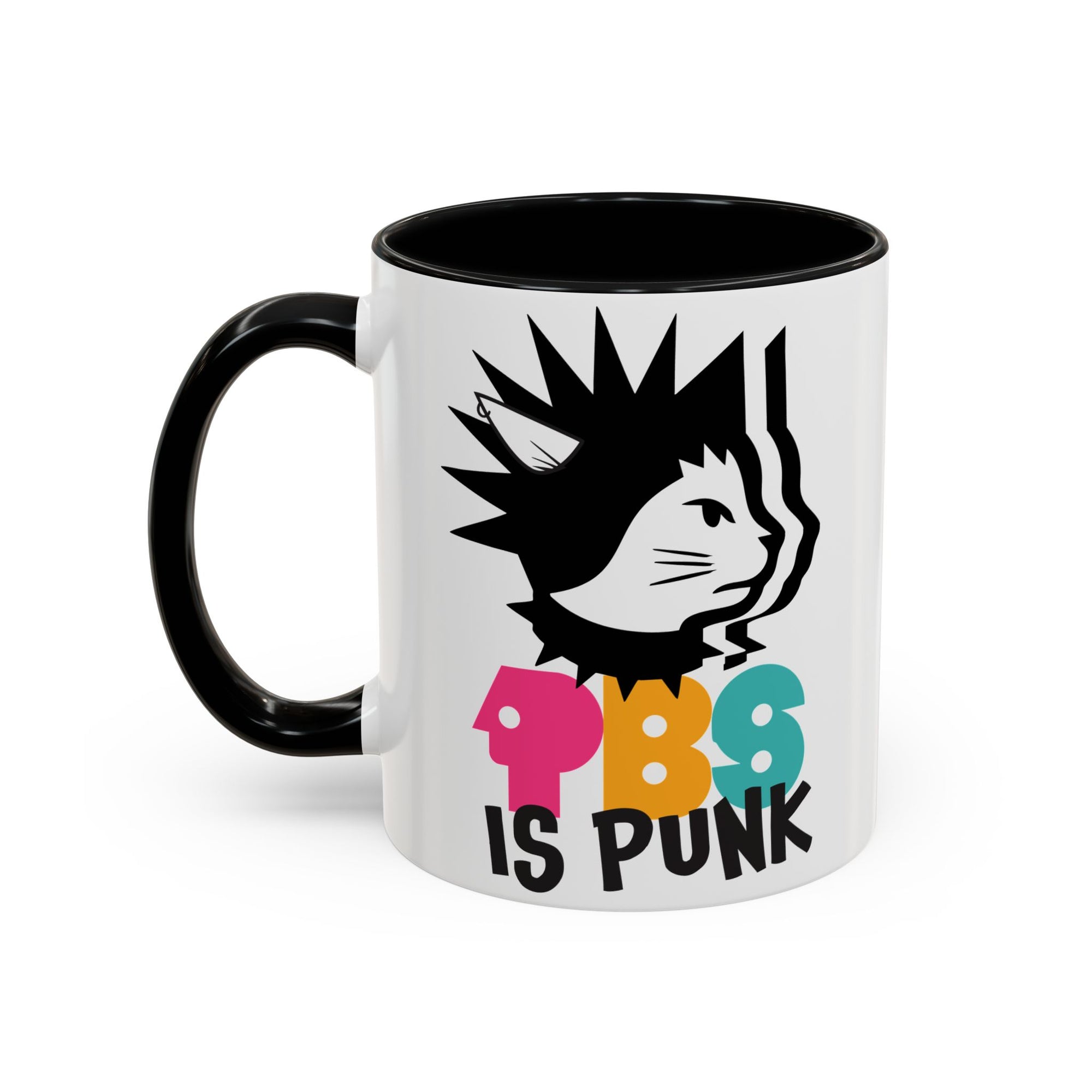 Mug with a graphic design of a cat with spiky hair and colorful text on a white background
