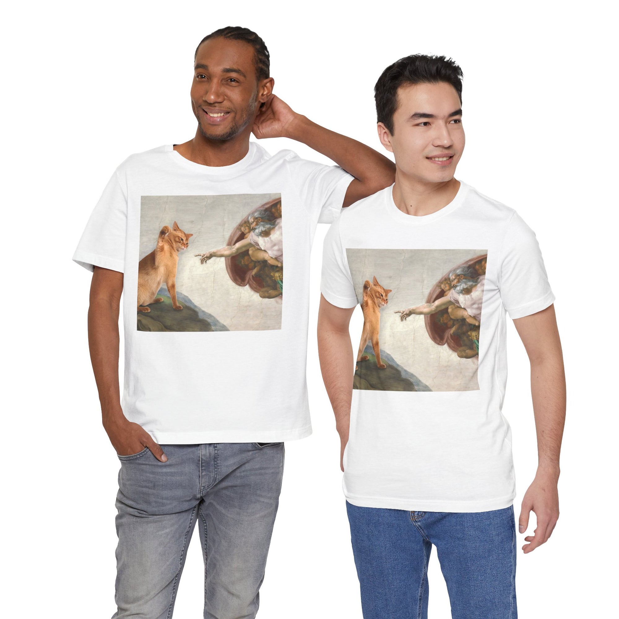 Two men wearing white t-shirts with classical painting design on a white background