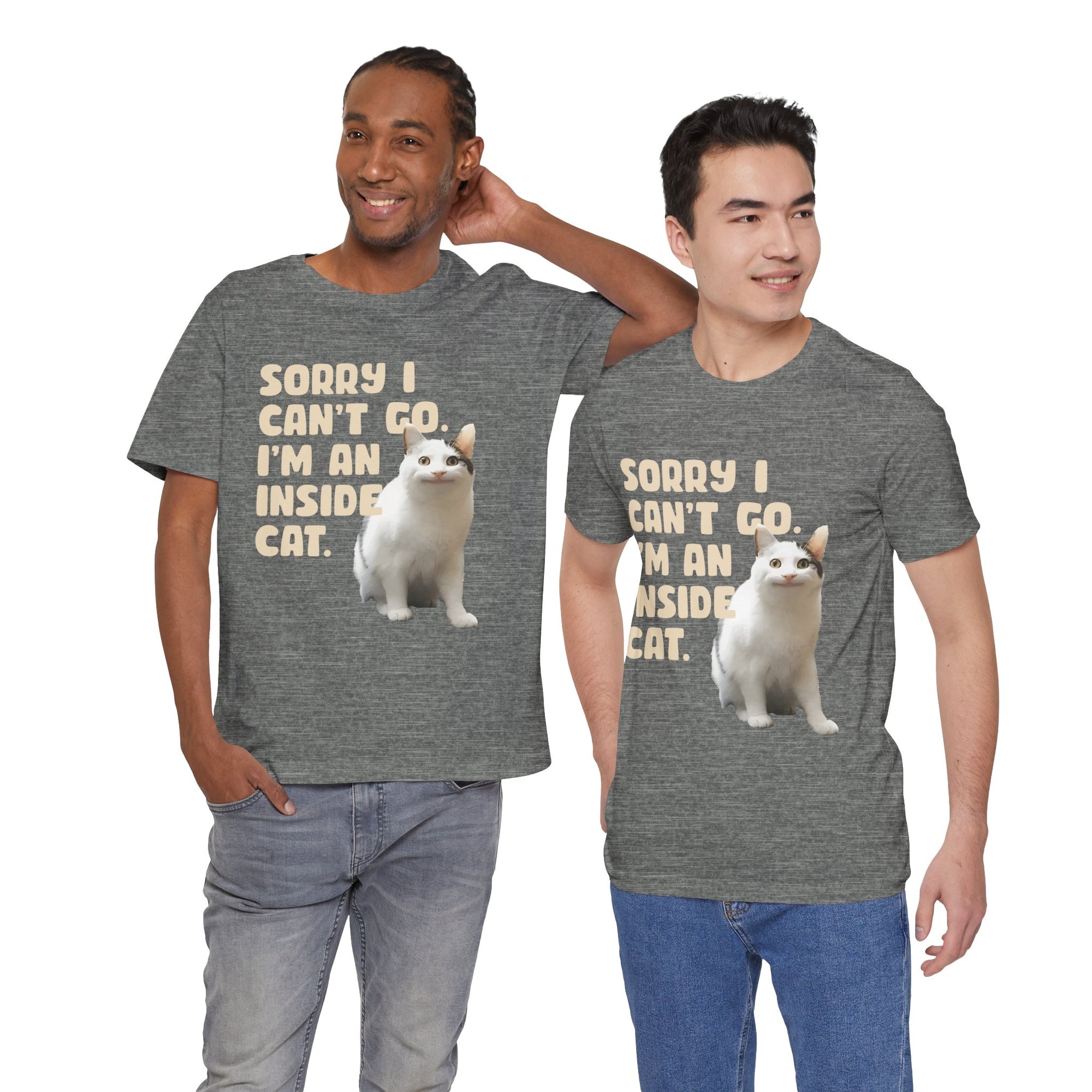 Two people wearing gray t-shirts with a cat graphic and text.