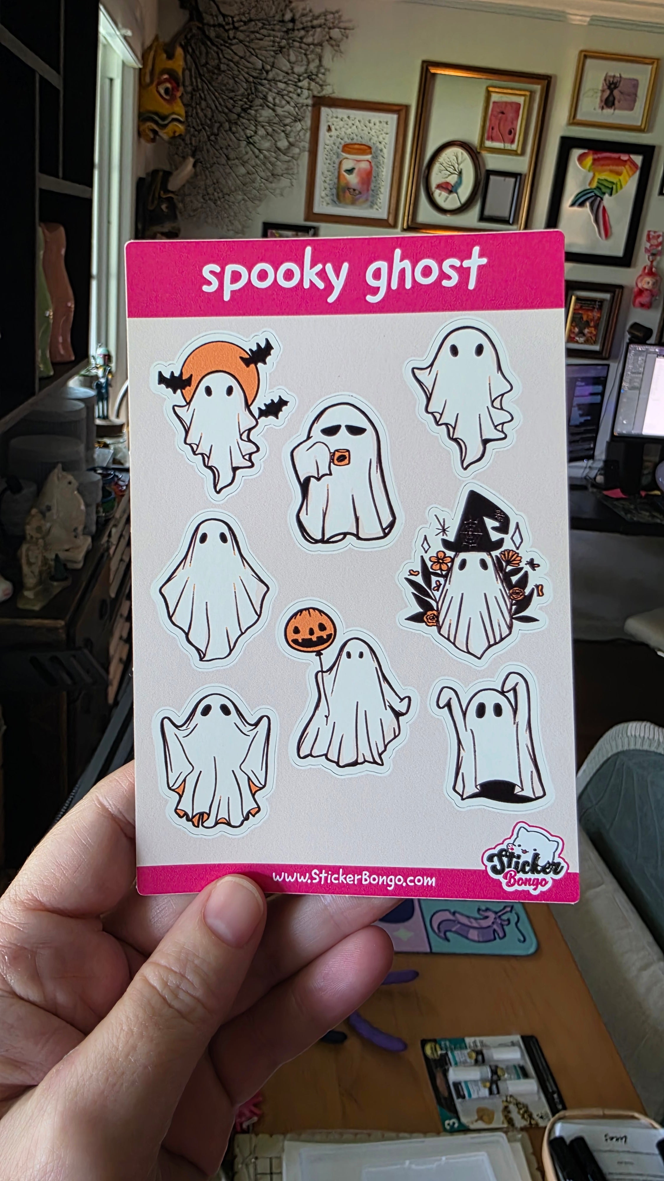 4x6 Halloween sticker sheet with cute ghost vinyl stickers featuring bats, pumpkins, sunglasses, flowers, and spooky sheet ghost designs.