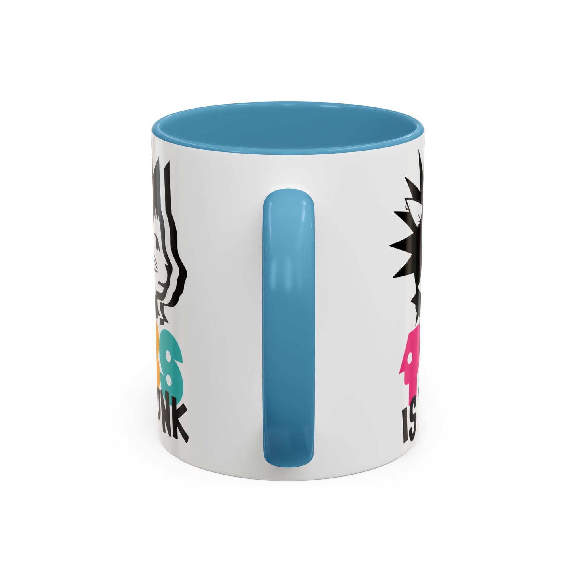 White mug with blue handle and interior, featuring colorful text and graphics on a white background