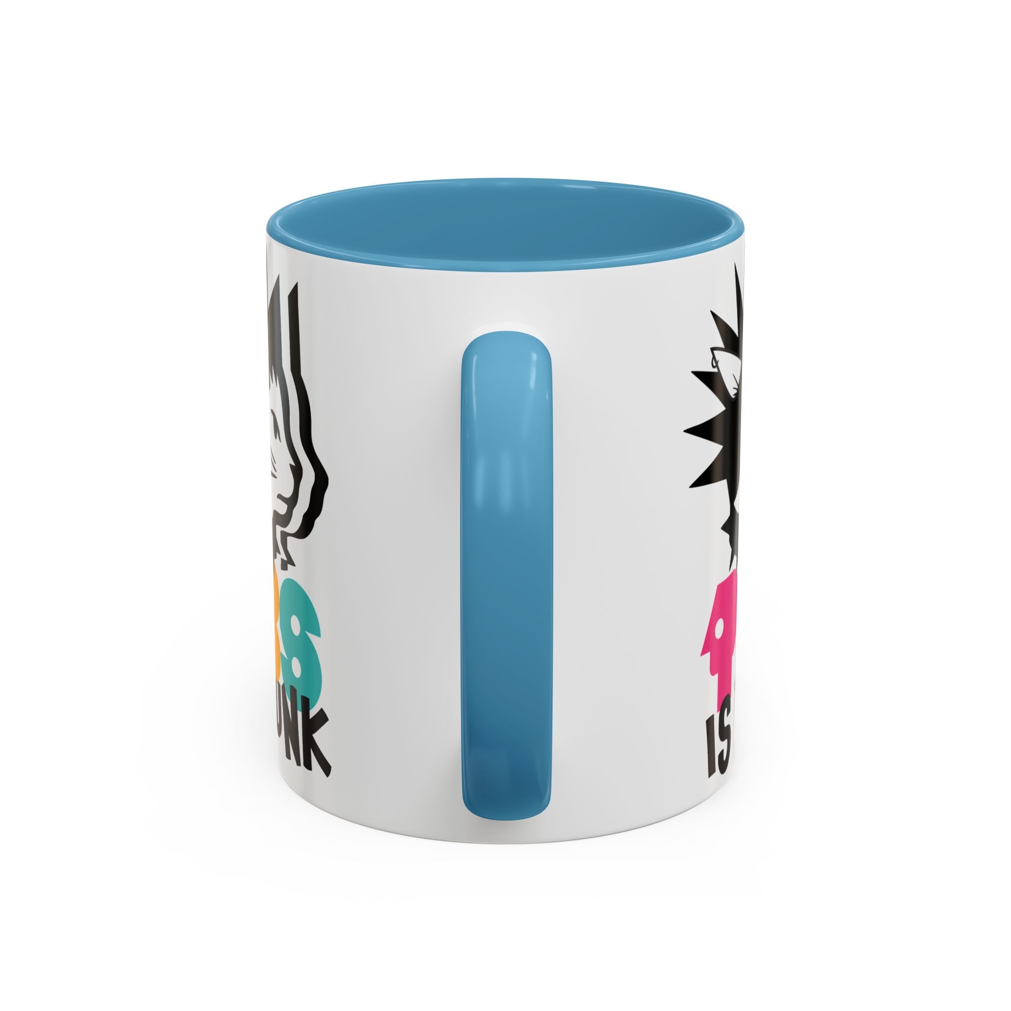 White mug with blue handle and interior, featuring colorful text and graphics on a white background