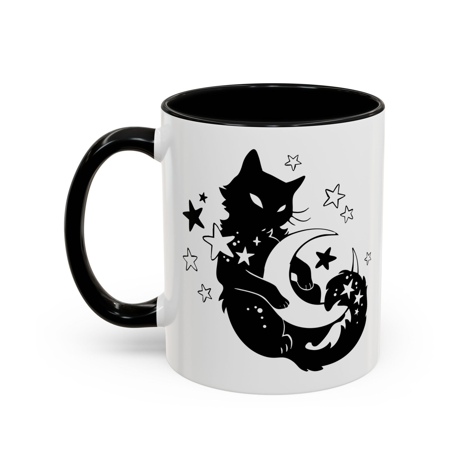 White mug with black handle featuring a cat and moon design on a white background