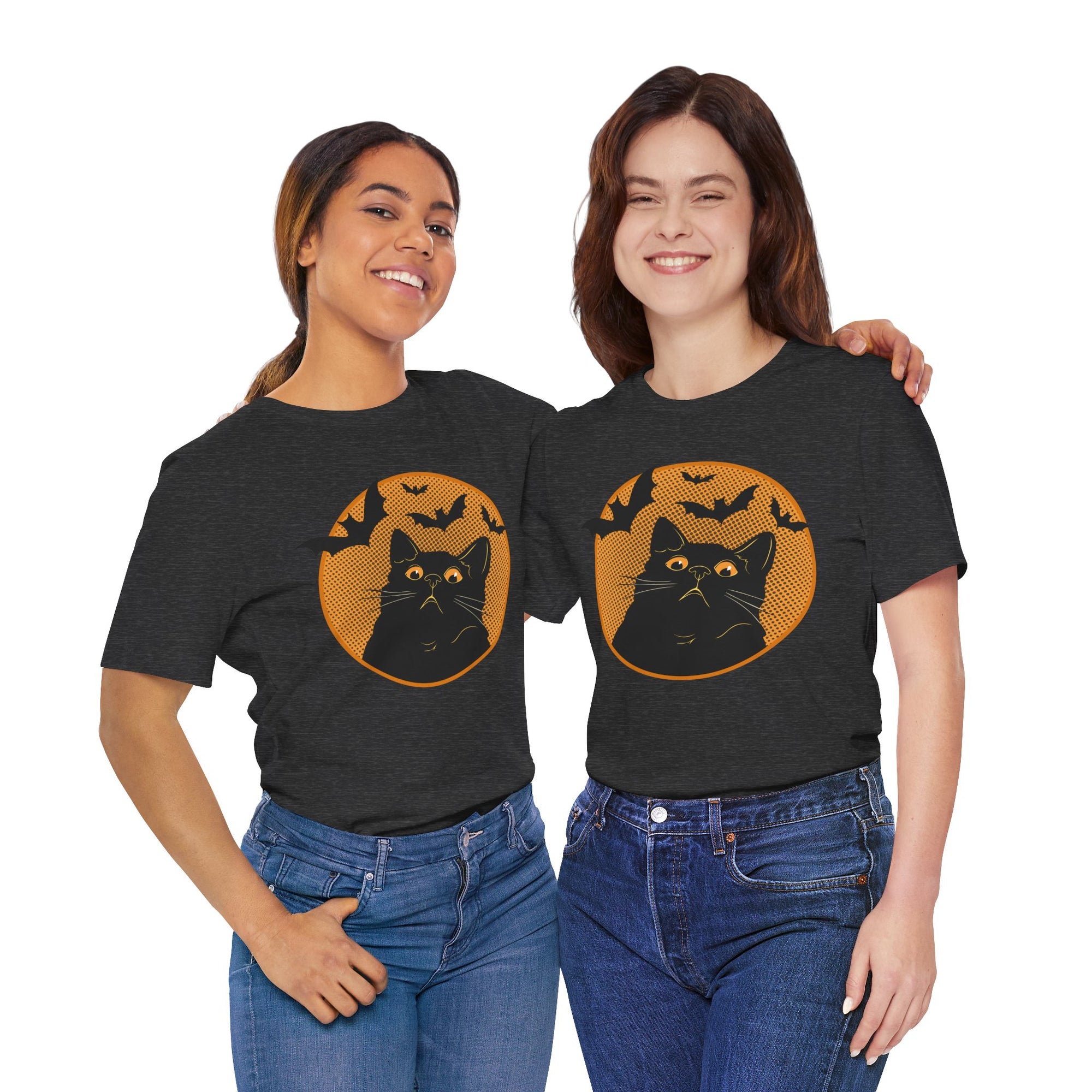 Two women wearing black t-shirts with a cat design on a white background