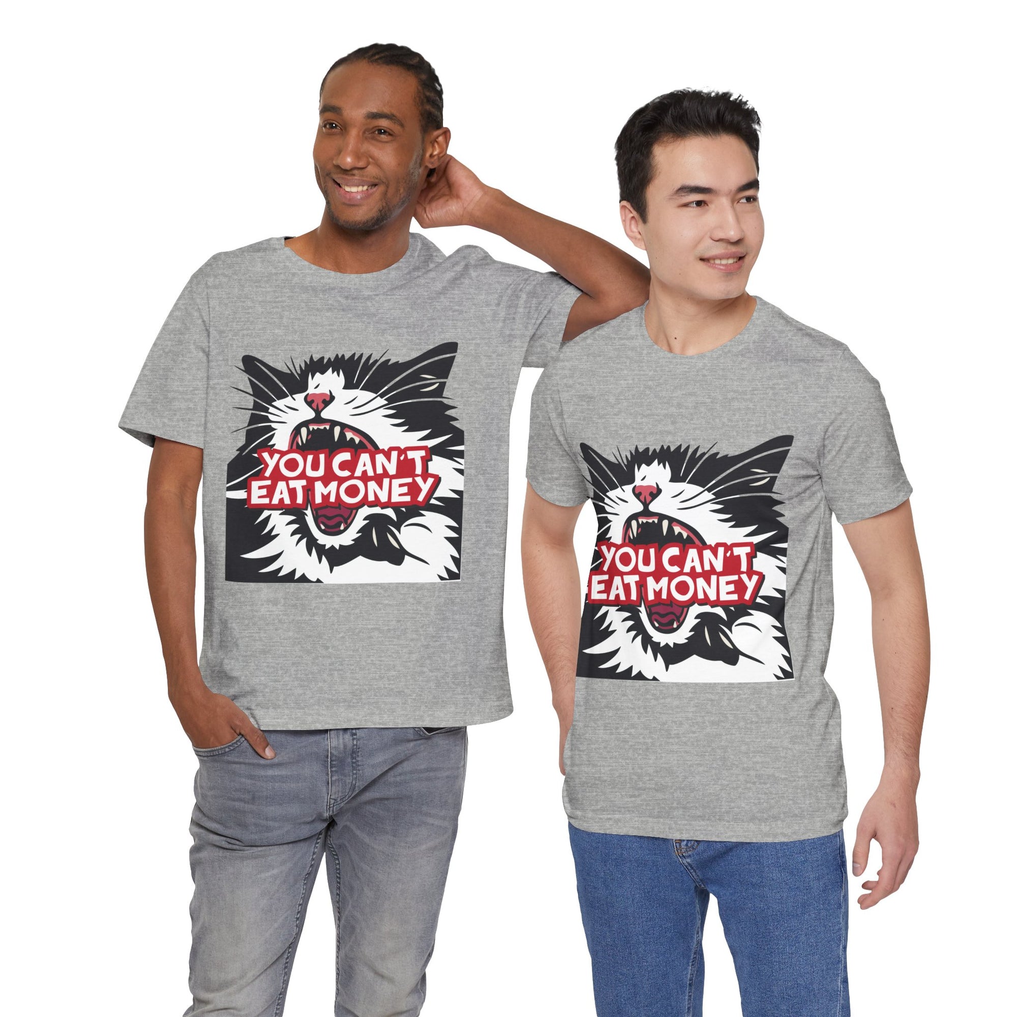 Two men wearing gray t-shirts with a graphic of a cat and text on a white background