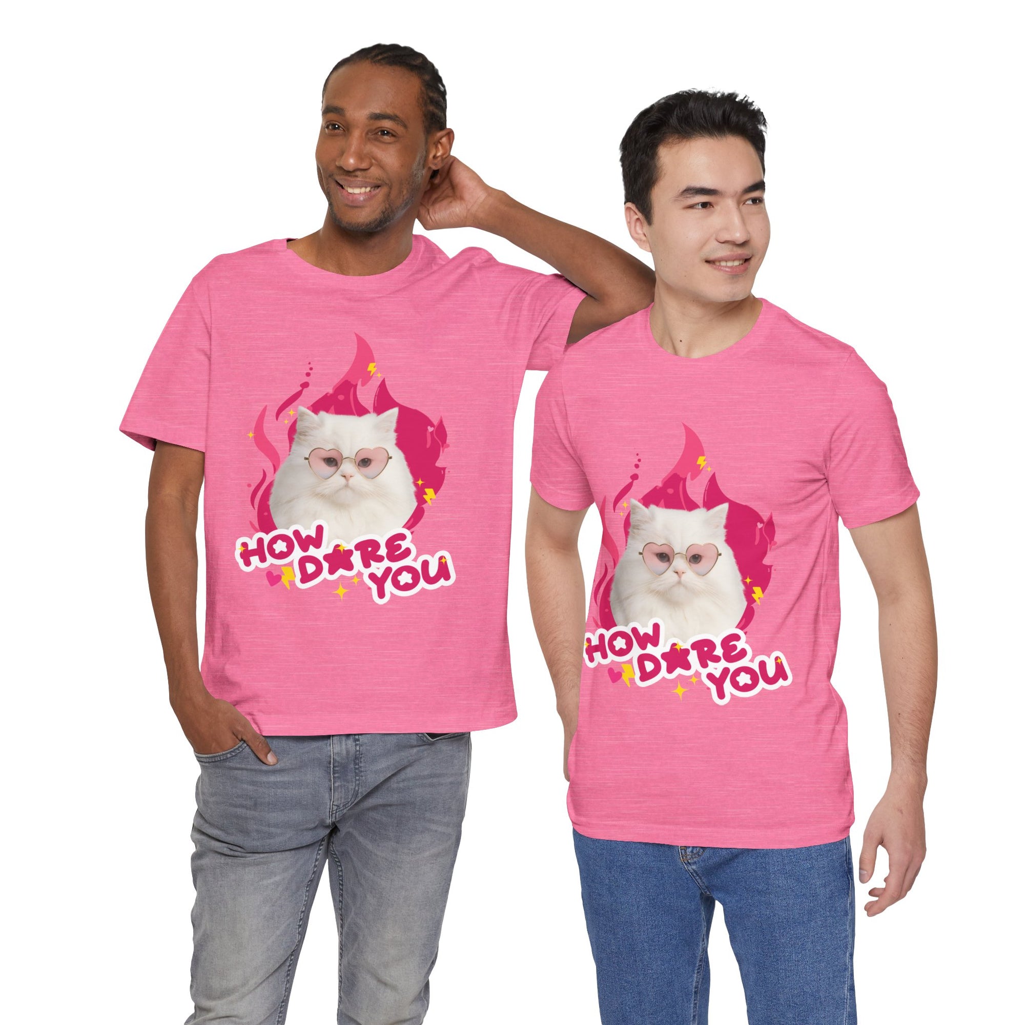 Two people wearing pink t-shirts with a cat graphic and text.