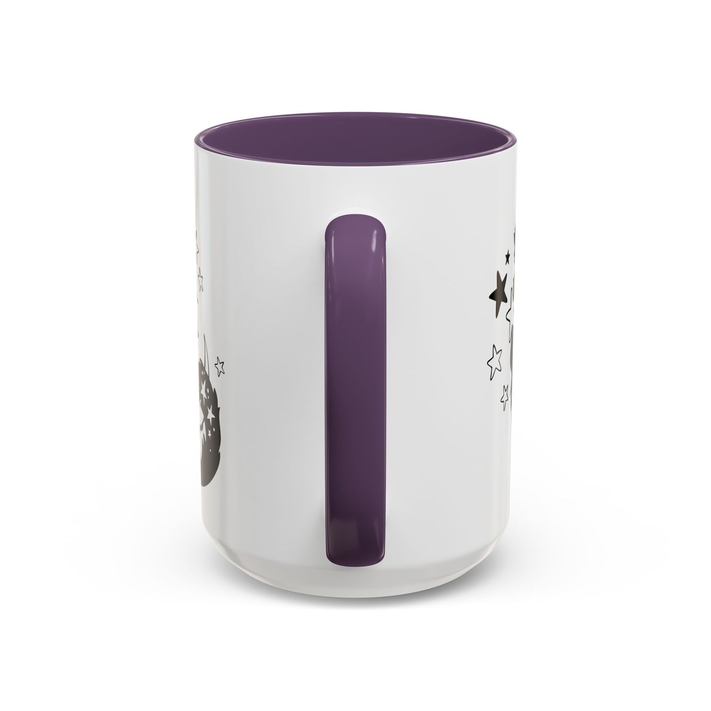 White mug with purple handle and interior on a white background