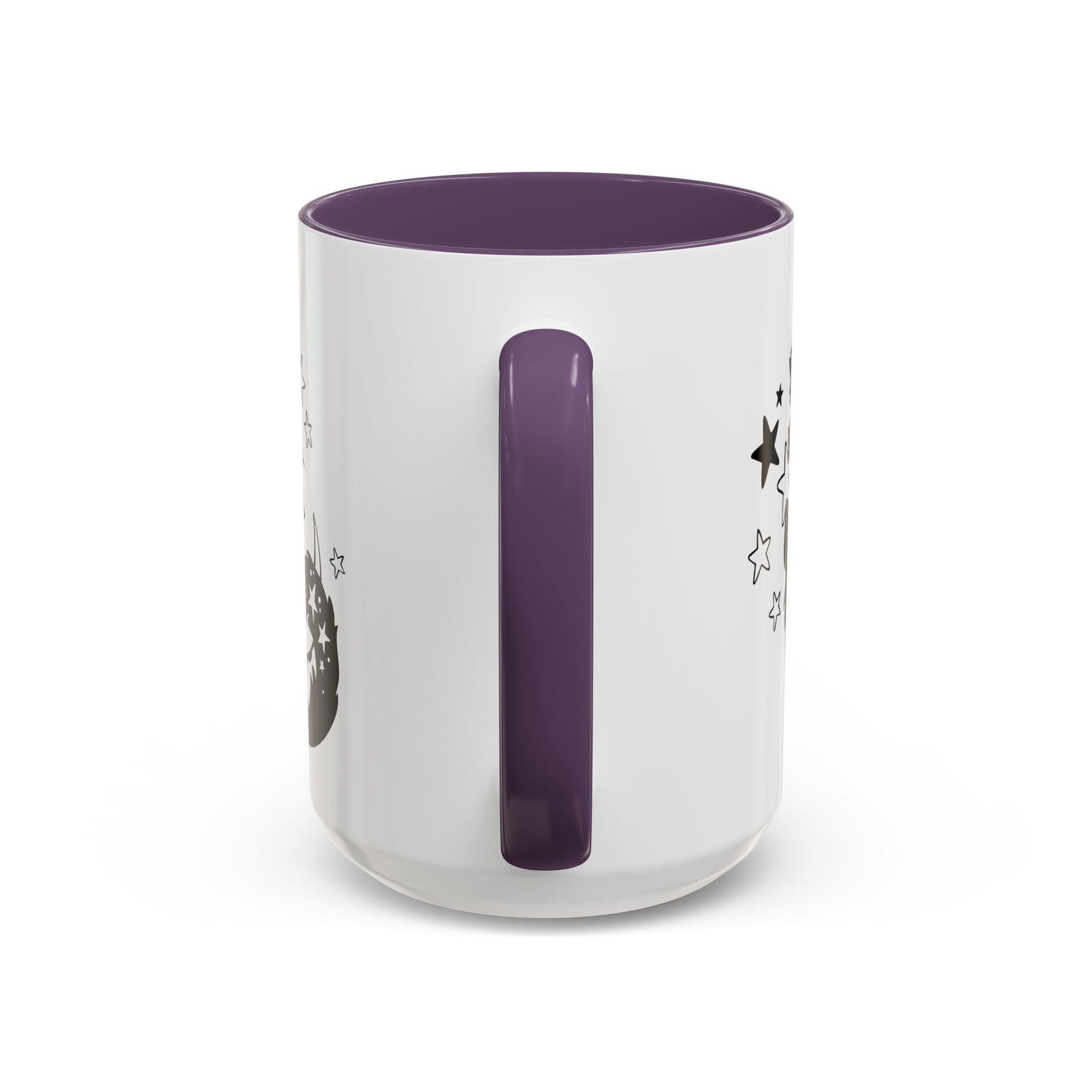 White mug with purple handle and interior on a white background