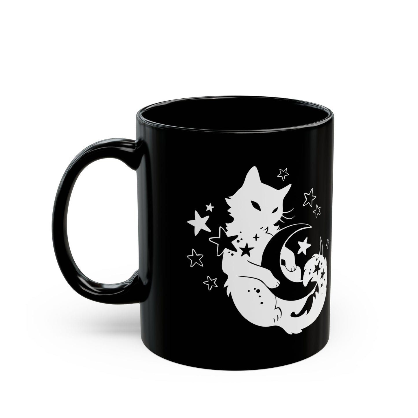 Black mug with a white cat and moon design on a white background