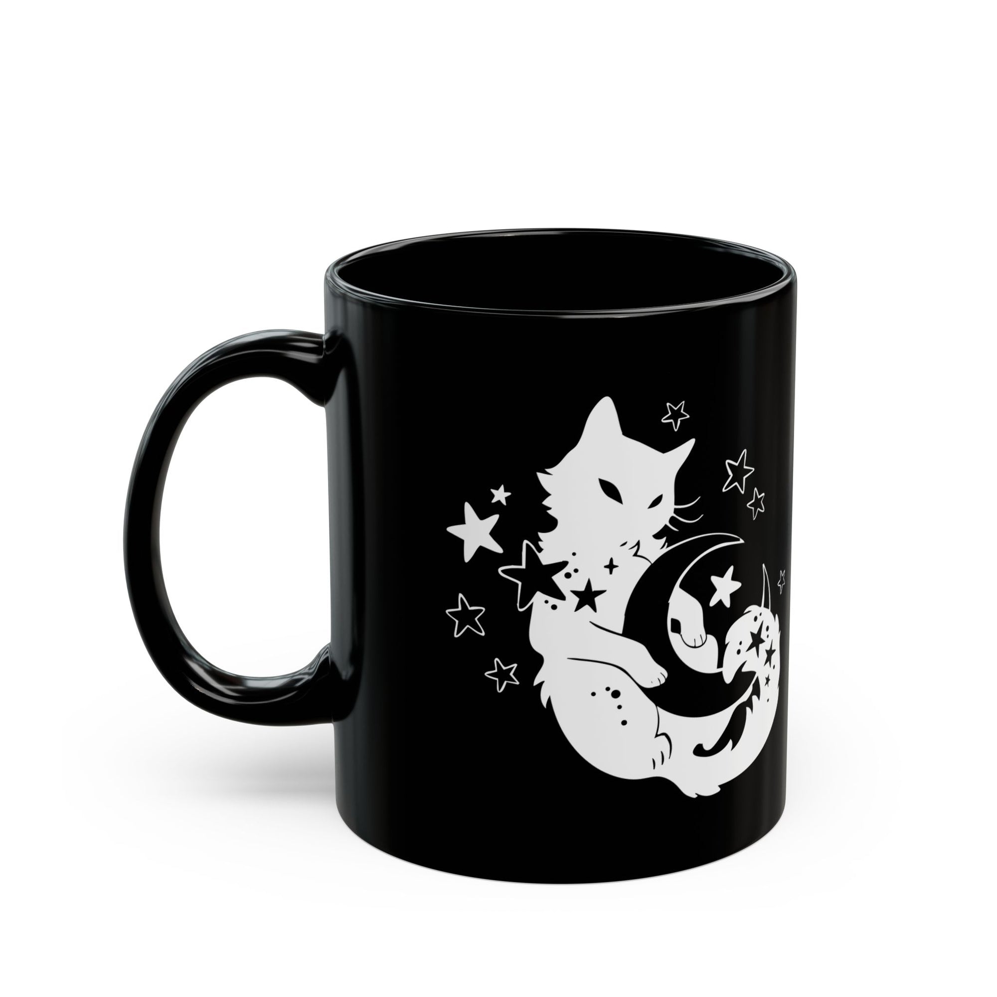 Black mug with a white cat and moon design on a white background