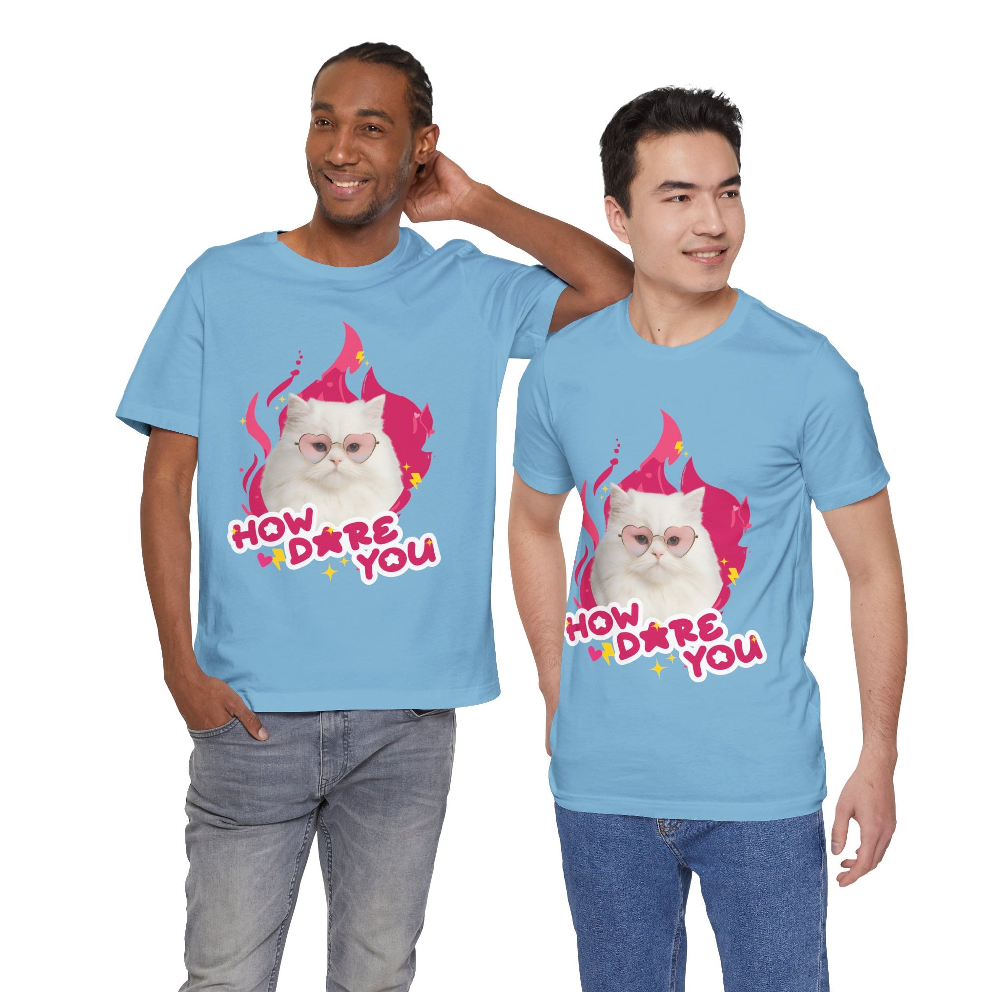 Two men wearing blue t-shirts with a cat graphic and text 'HOW DARE YOU' on a white background.