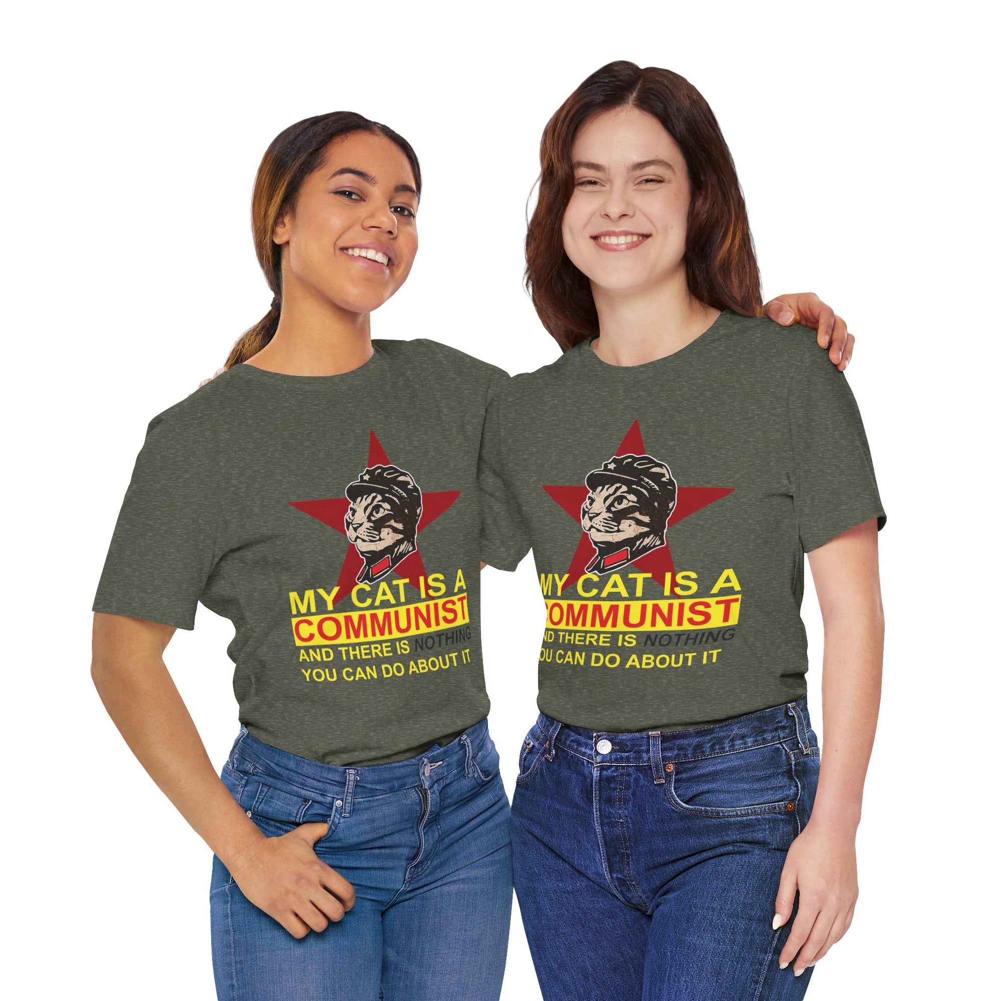 Two people wearing green t-shirts with a humorous design about cats and communism.