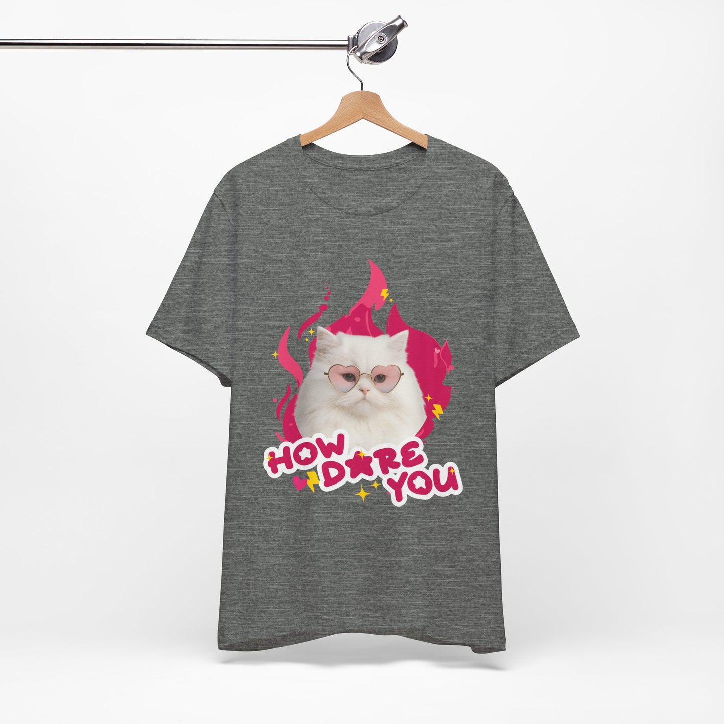 Gray t-shirt with a cat graphic and text 'How dare you' on a hanger against a white background