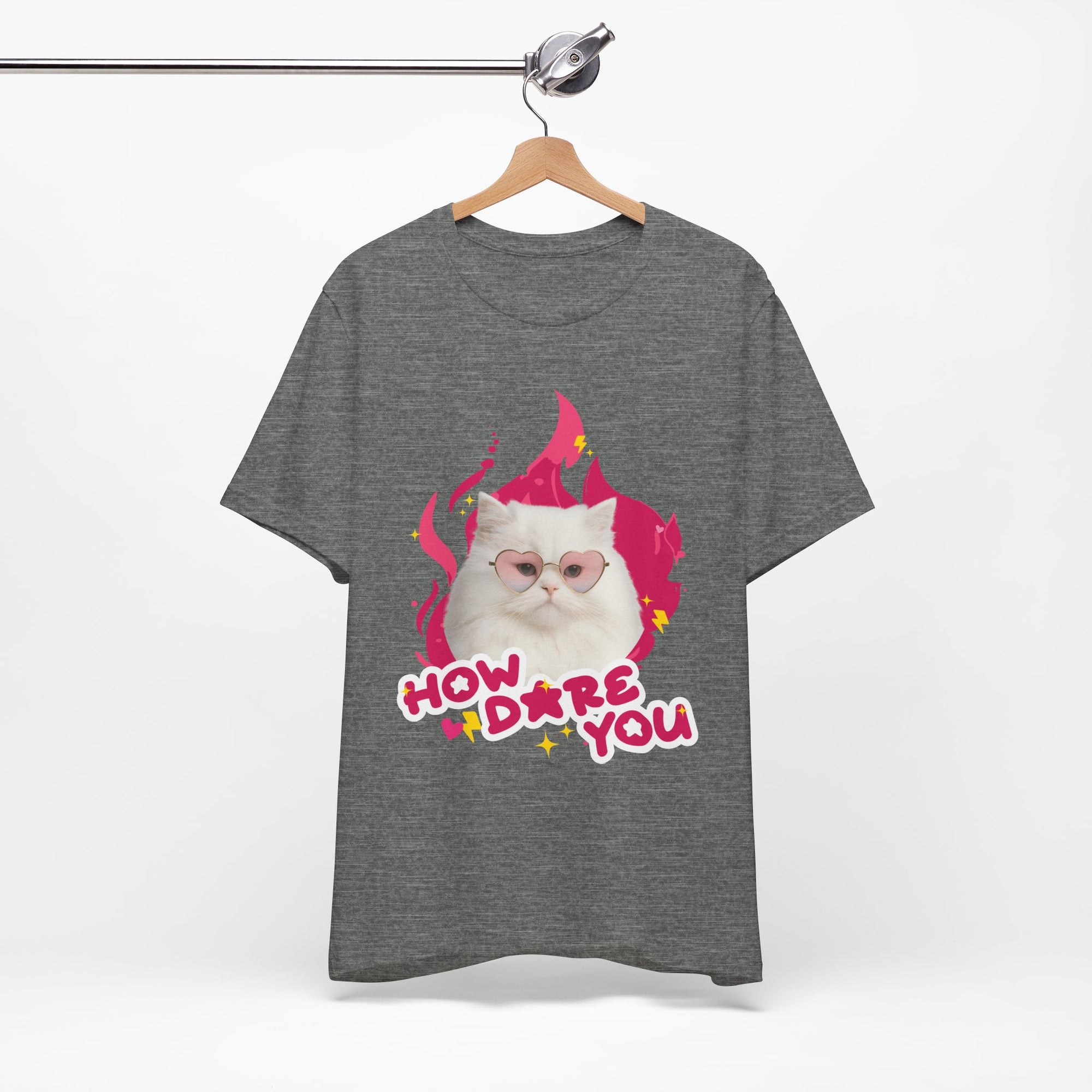 Gray t-shirt with a cat graphic and text 'How dare you' on a hanger against a white background