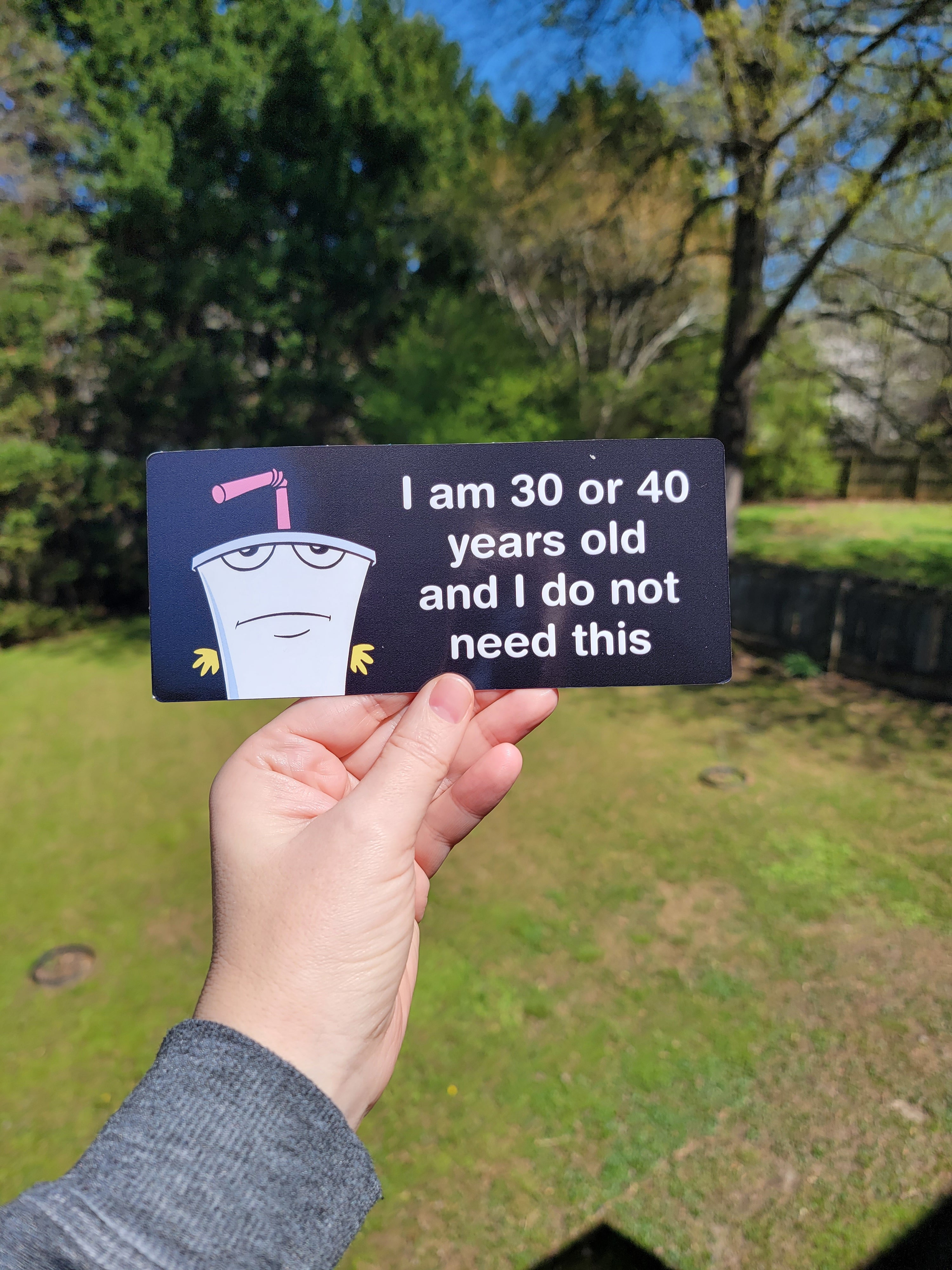 I Am 30 or 40 Years Old and I Do Not Need This bumper sticker with funny cartoon-inspired artwork. Waterproof weatherproof vinyl sticker.
