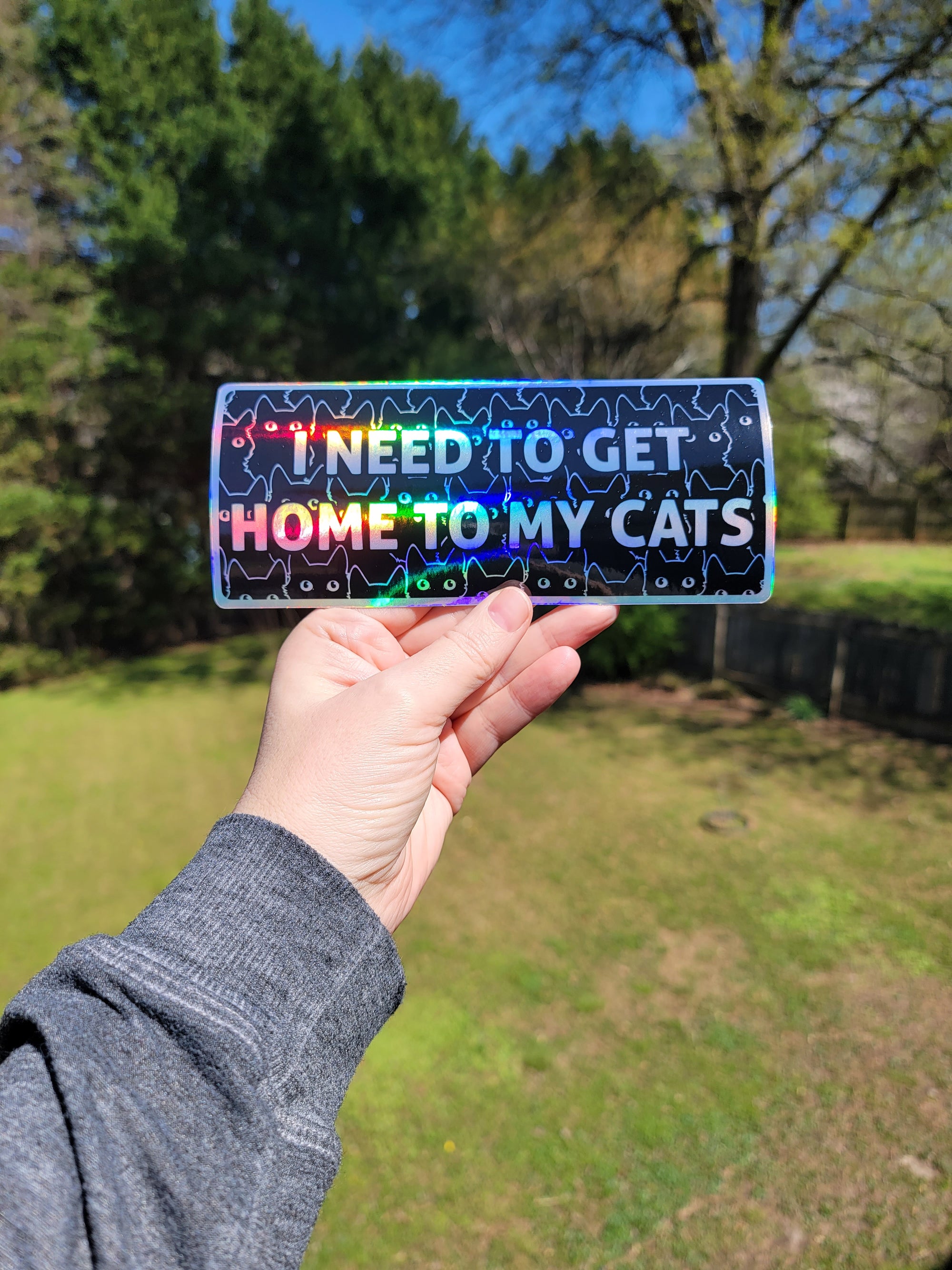 I Need to Get Home to My Cats holographic bumper sticker with bold text, black cat pattern. Waterproof weatherproof vinyl sticker.
