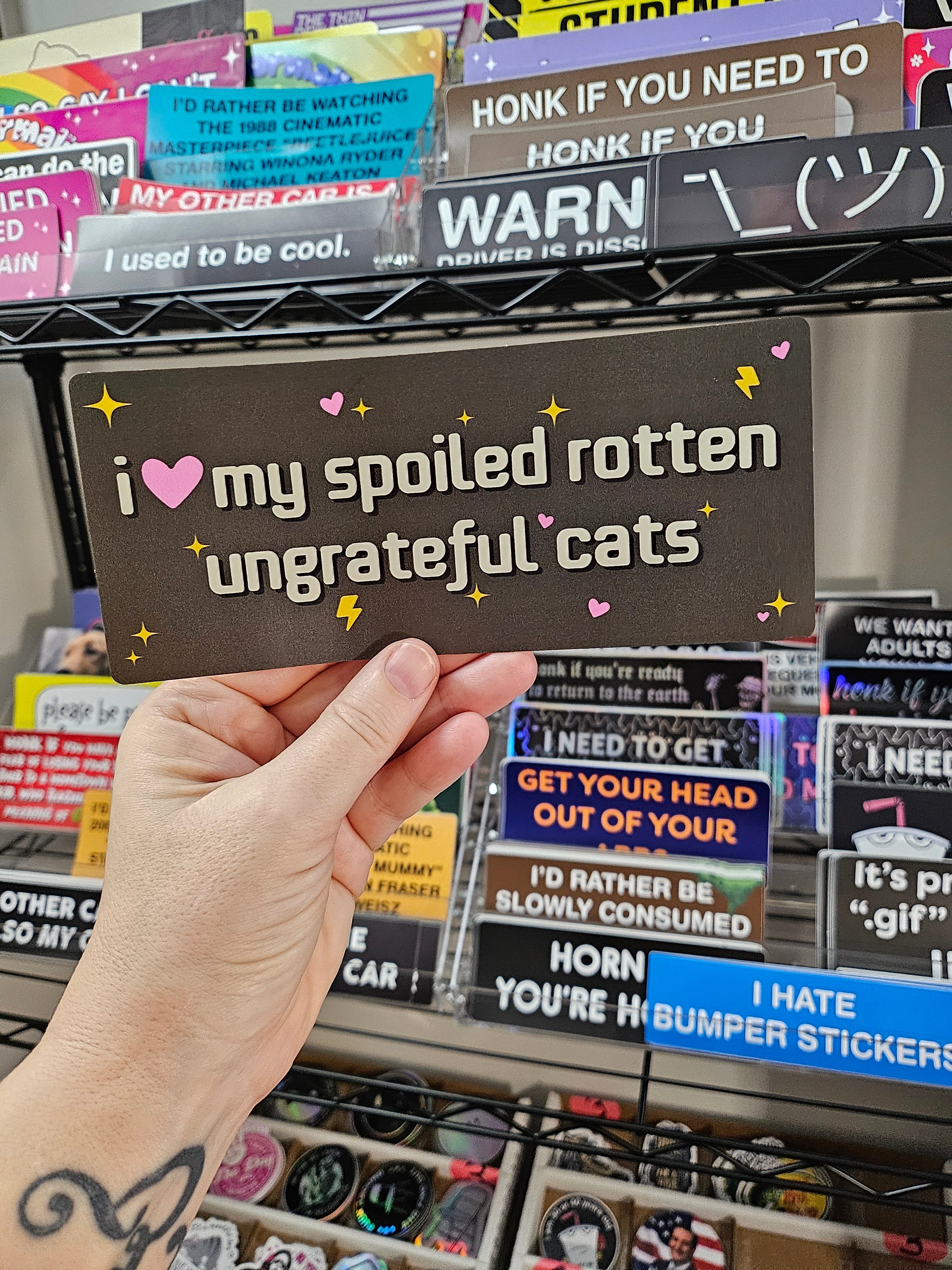 rectangular bumper stickers that say “I love my spoiled rotten ungrateful cats,” shown in dark gray color options with hearts, sparkles, and lightning bolts.
