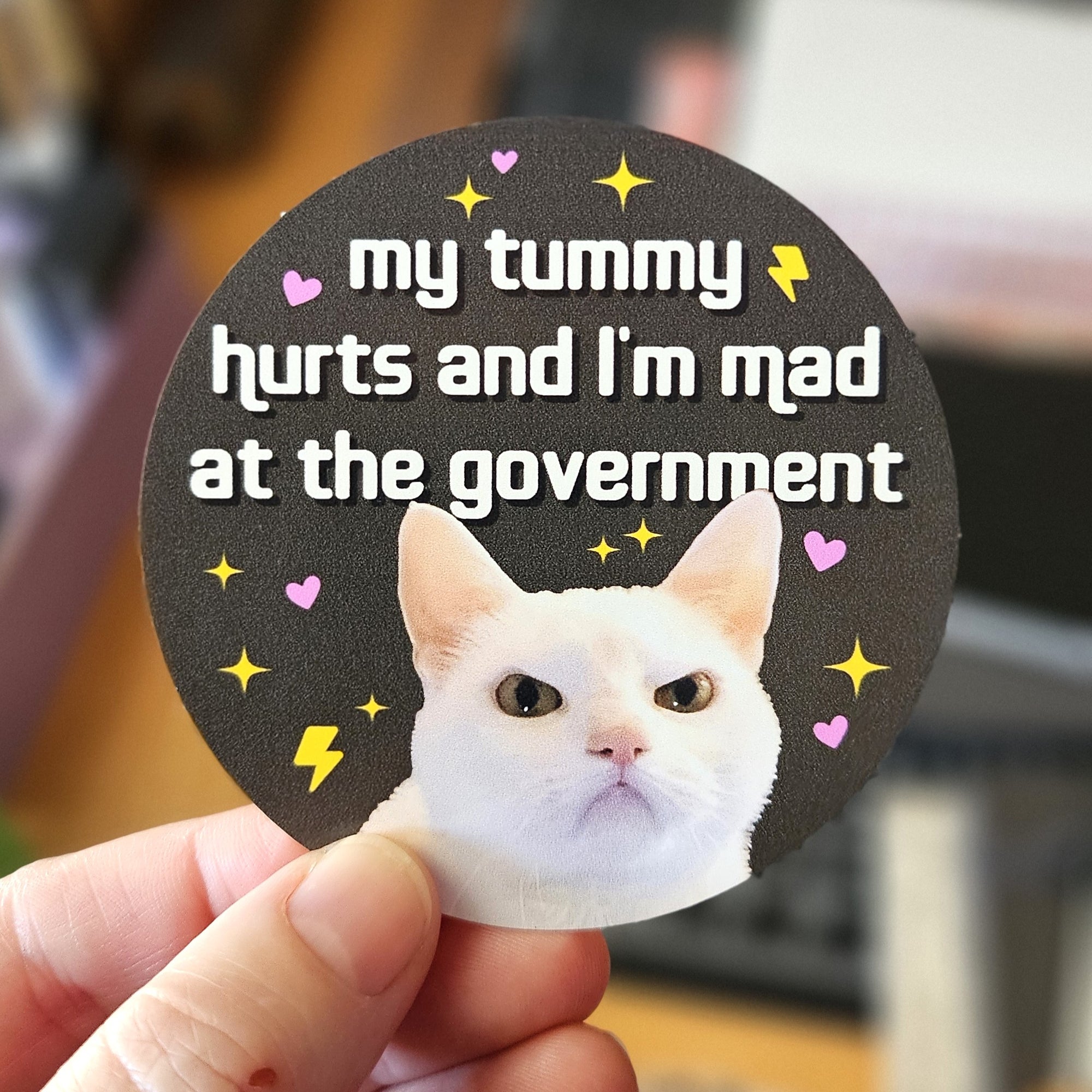 round vinyl sticker options, black featuring a serious white cat with hearts, sparkles, lightning bolts, and the phrase “my tummy hurts and i’m mad at the government.”

