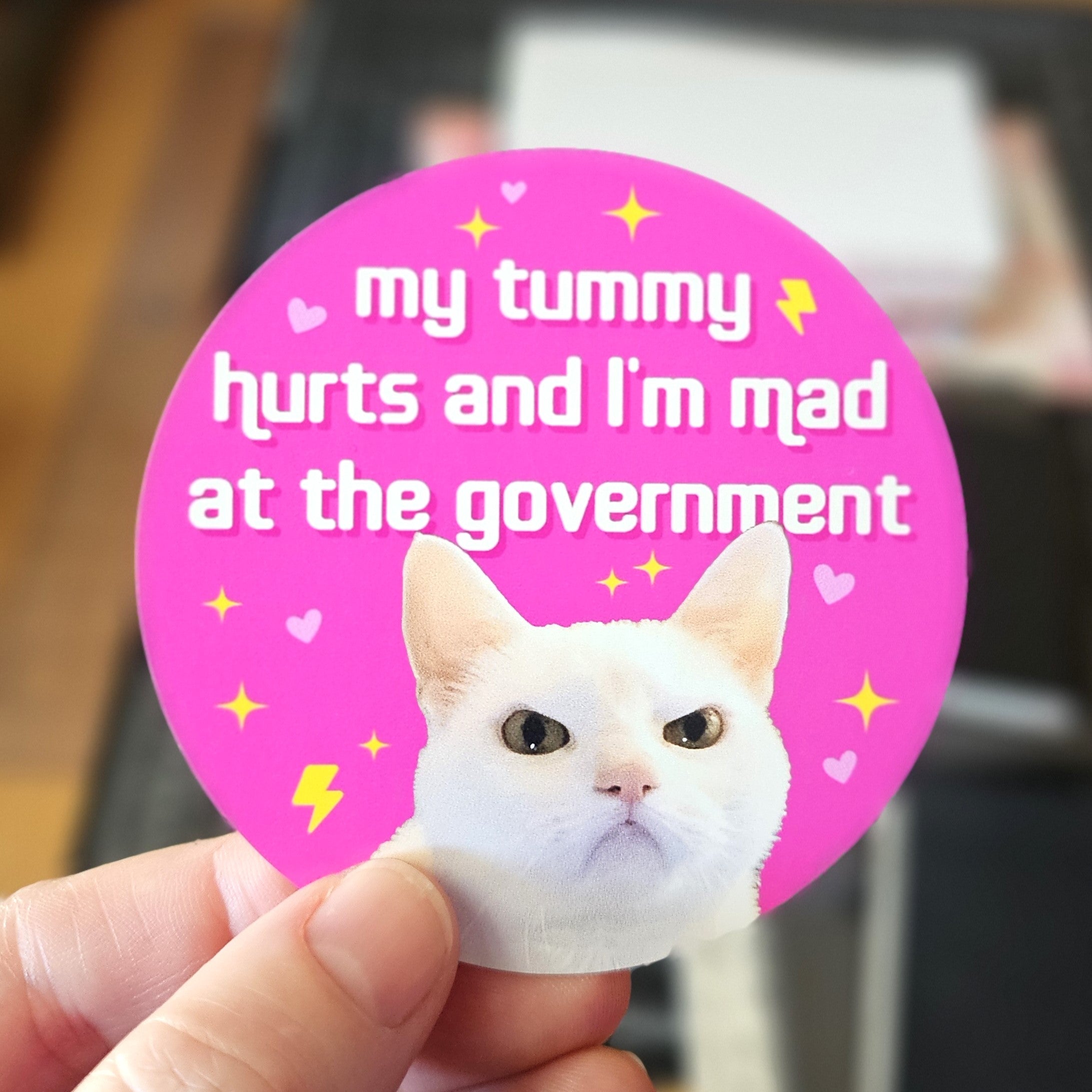 round vinyl sticker options, pink featuring a serious white cat with hearts, sparkles, lightning bolts, and the phrase “my tummy hurts and i’m mad at the government.”
