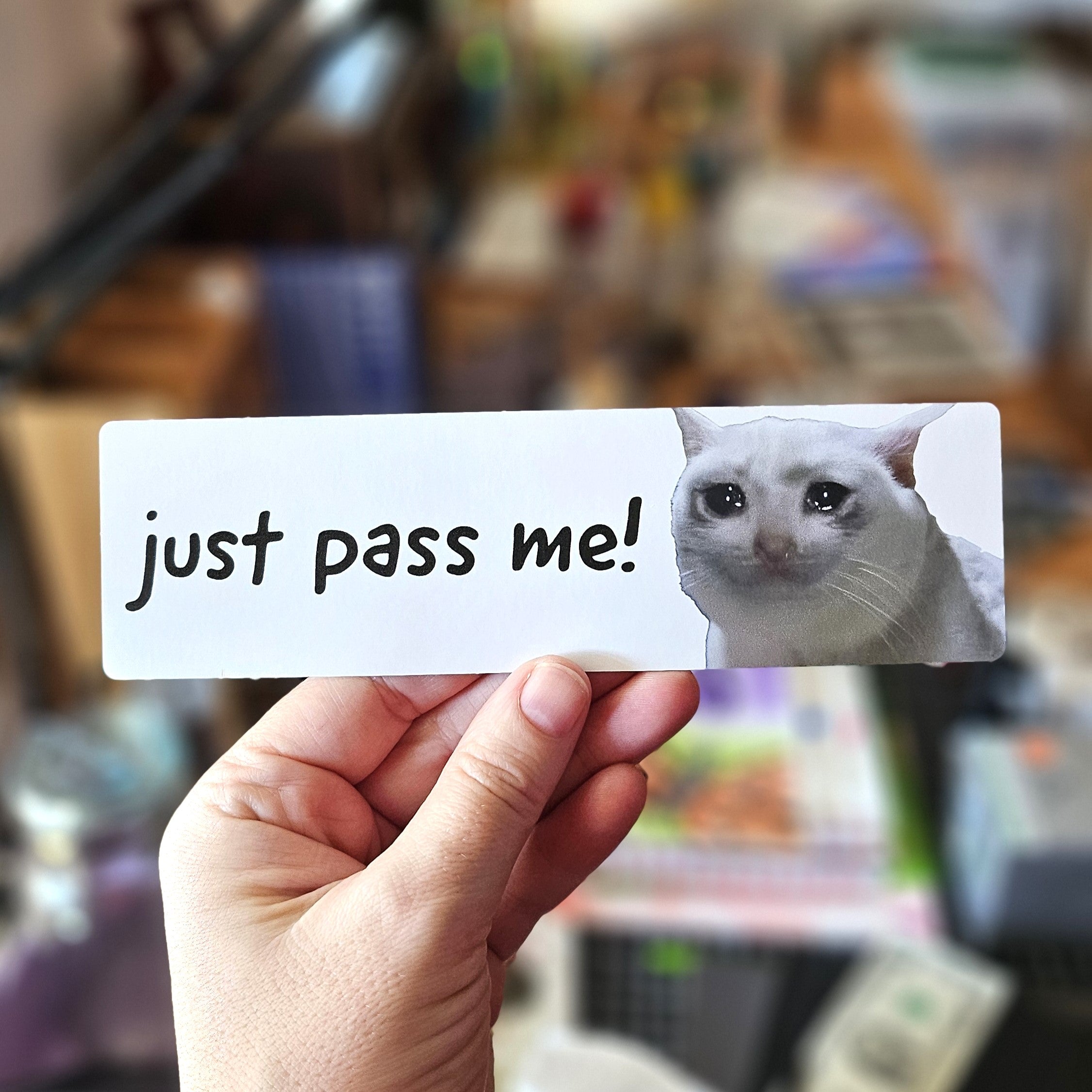 A bumper stickers with the text 'just pass me!' and an image of a white sad cat