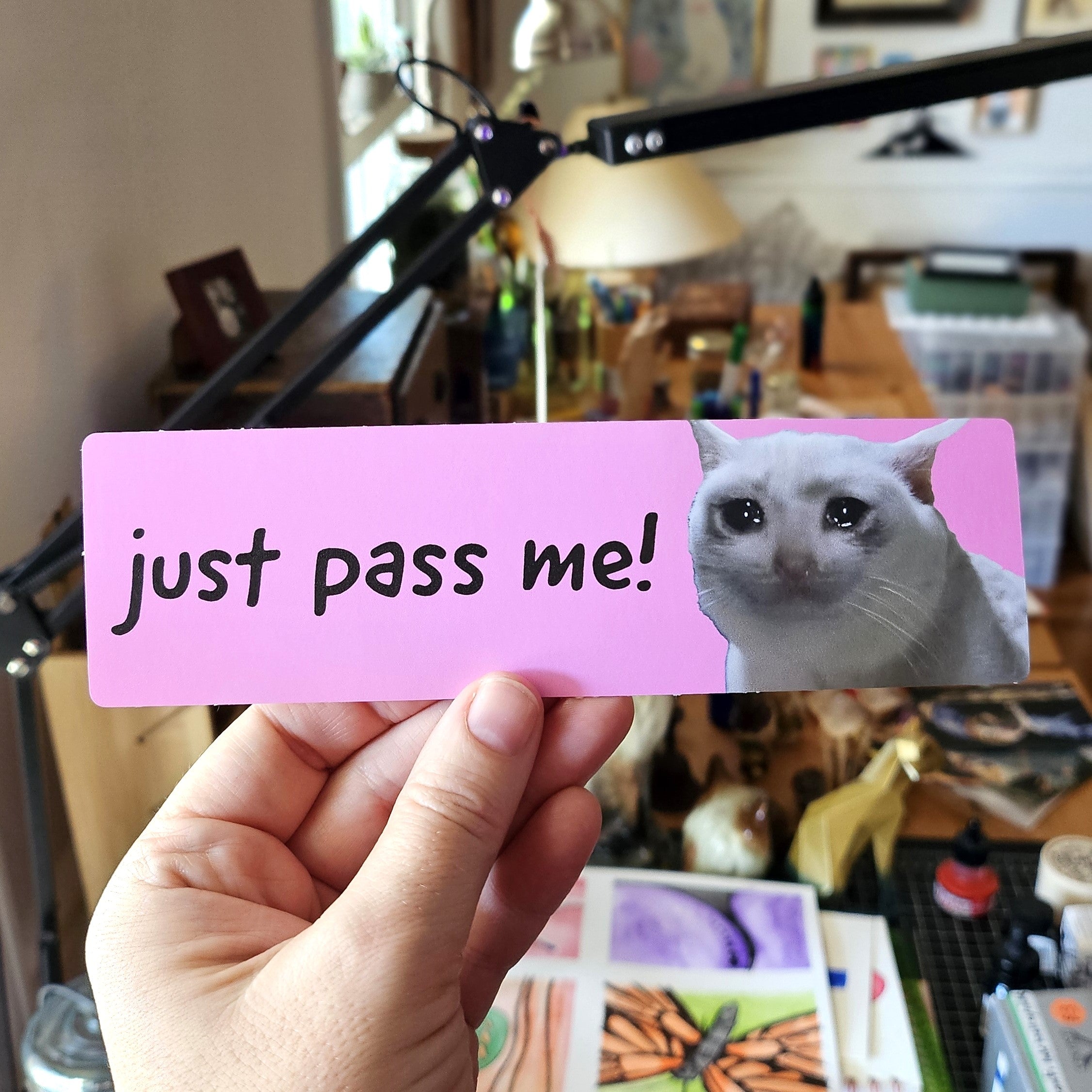 A pink bumper stickers with the text 'just pass me!' and an image of a white angry cat