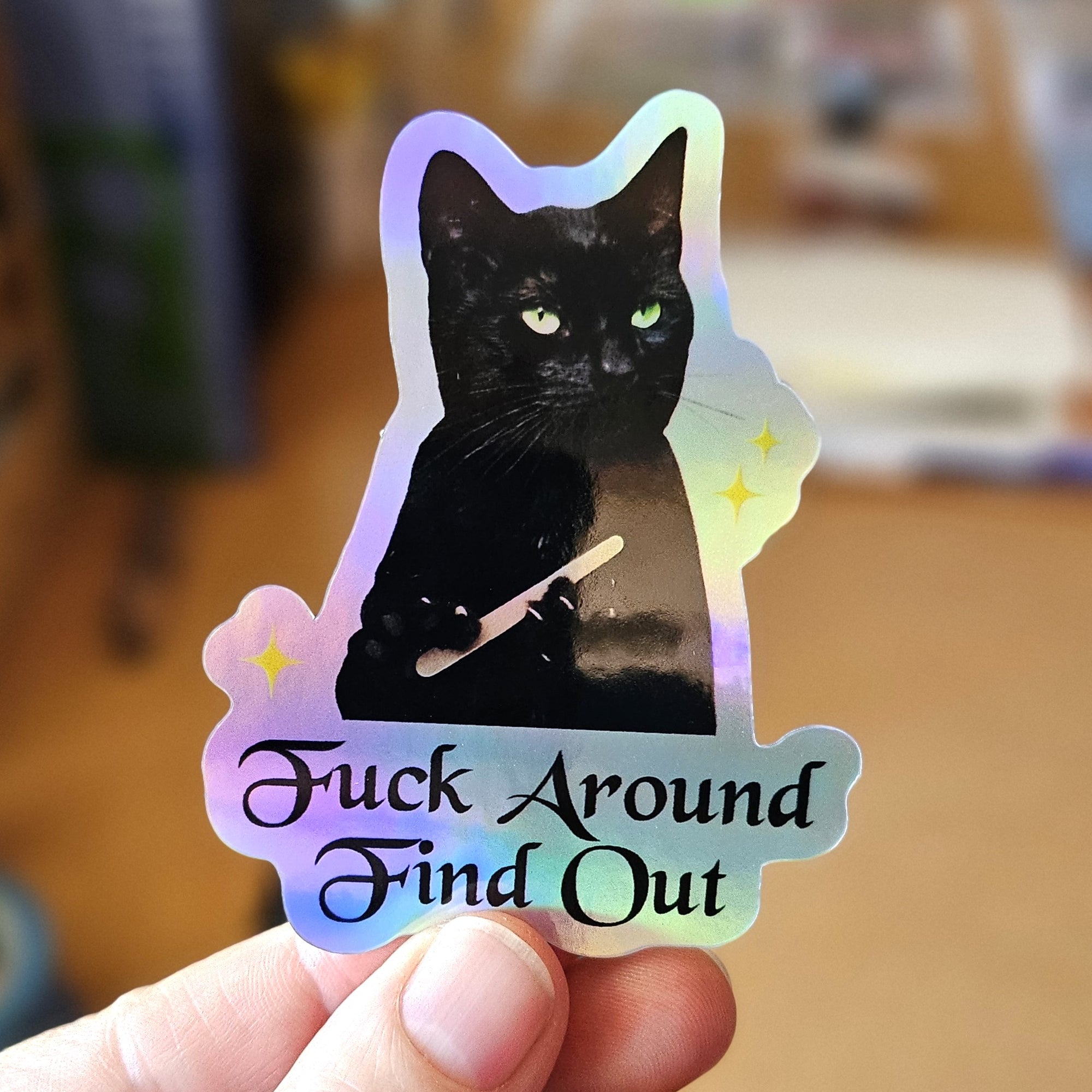 die cut “Fuck Around Find Out” vinyl sticker featuring a serious black cat holding up one tiny middle finger, shown in white and holographic options.
