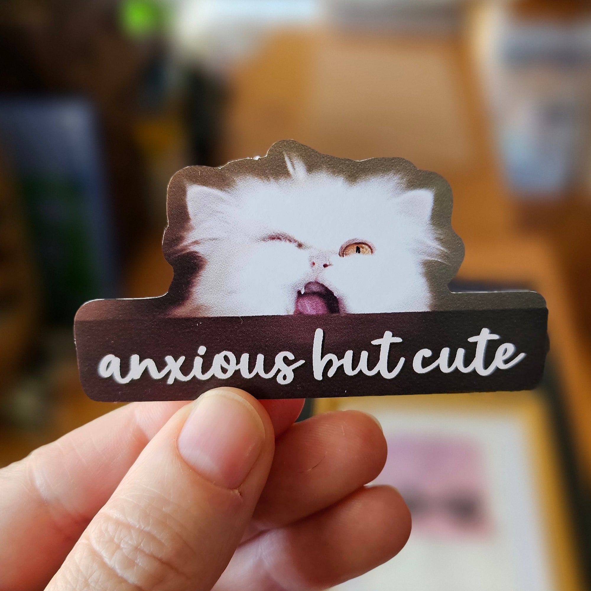 Cartoon cat with a sign saying 'anxious but cute' on a white background