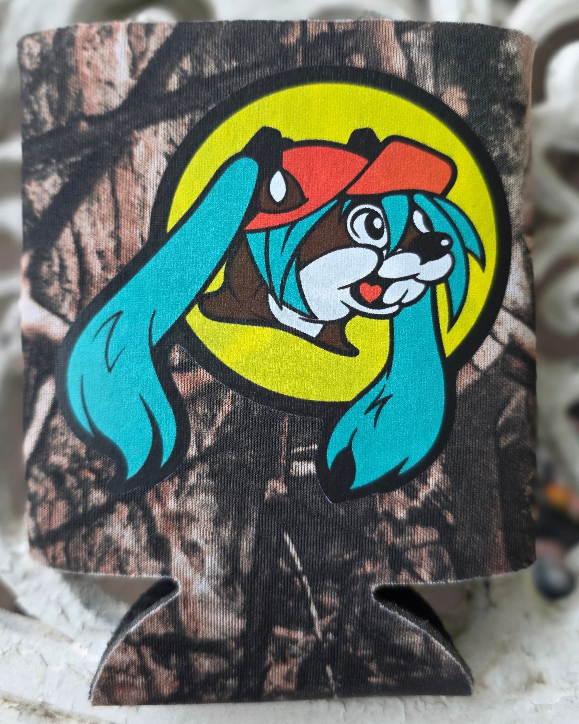 Camo-patterned can opener with cartoon character design on a textured surface