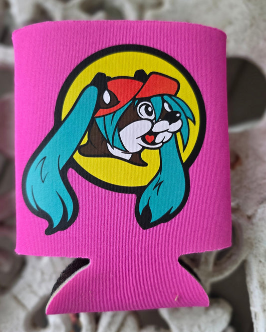 Pink can cooler with cartoon character design on a decorative surface