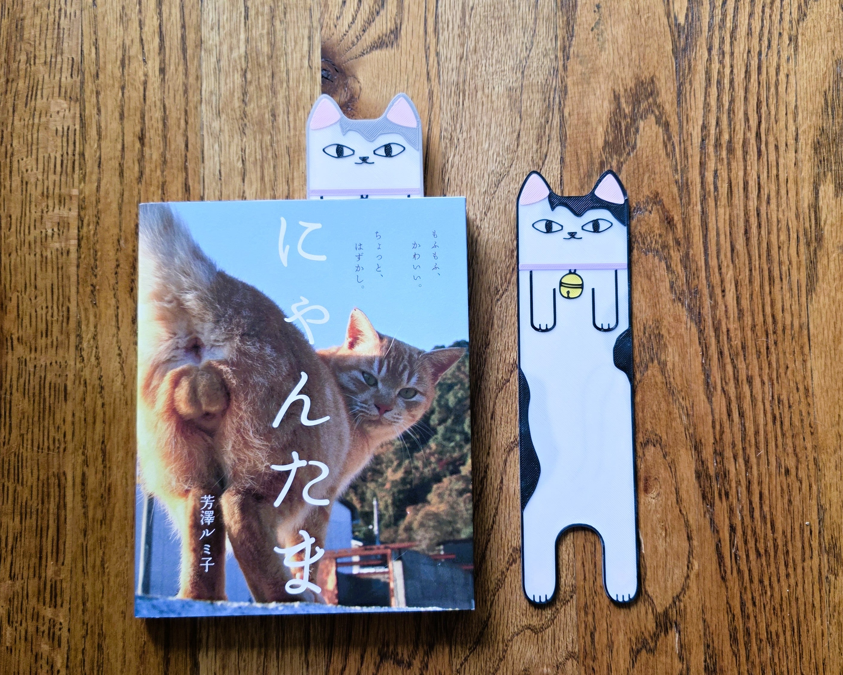 Cat-themed book and bookmarks on a wooden surface