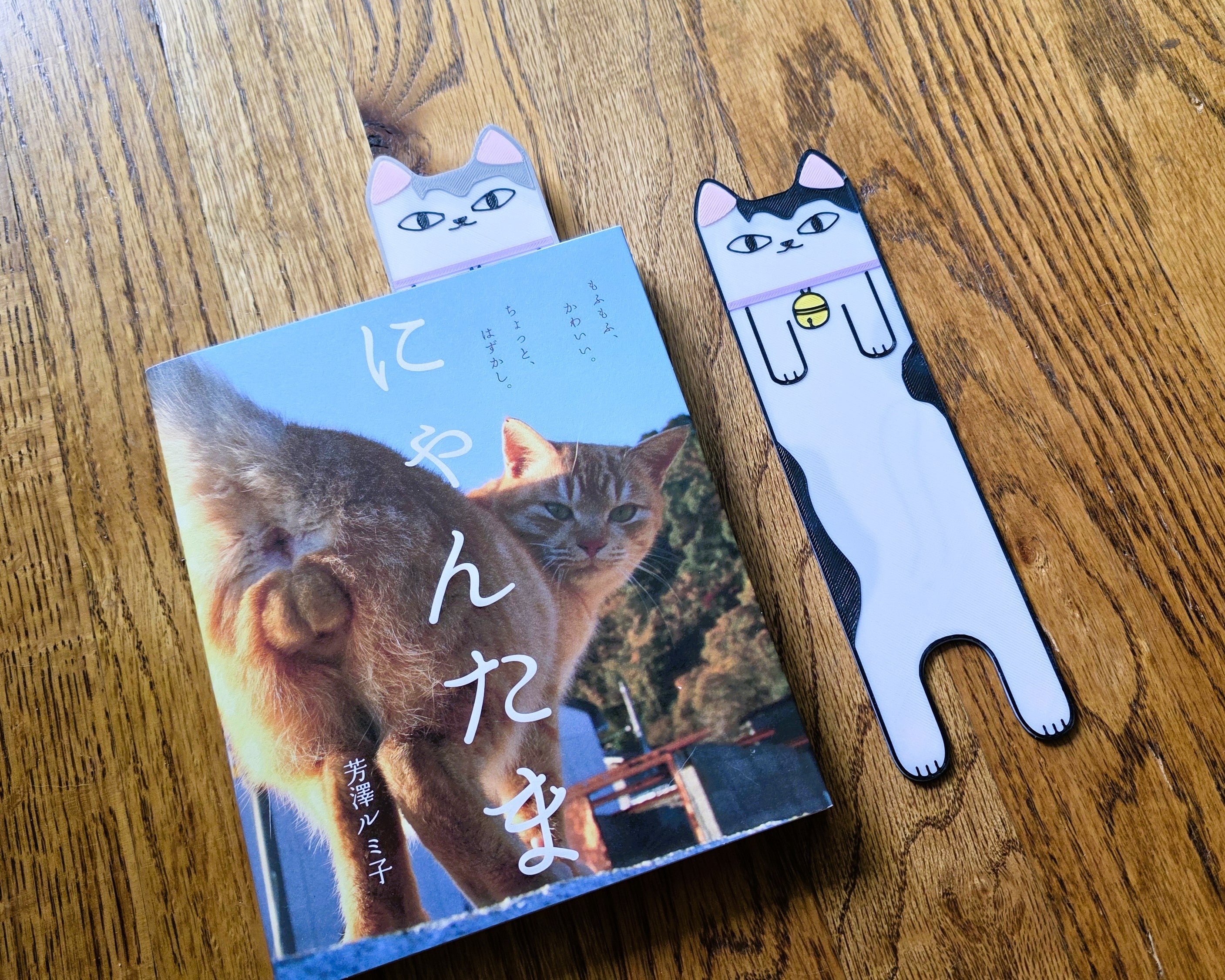 Cat-themed book and bookmark on a wooden surface