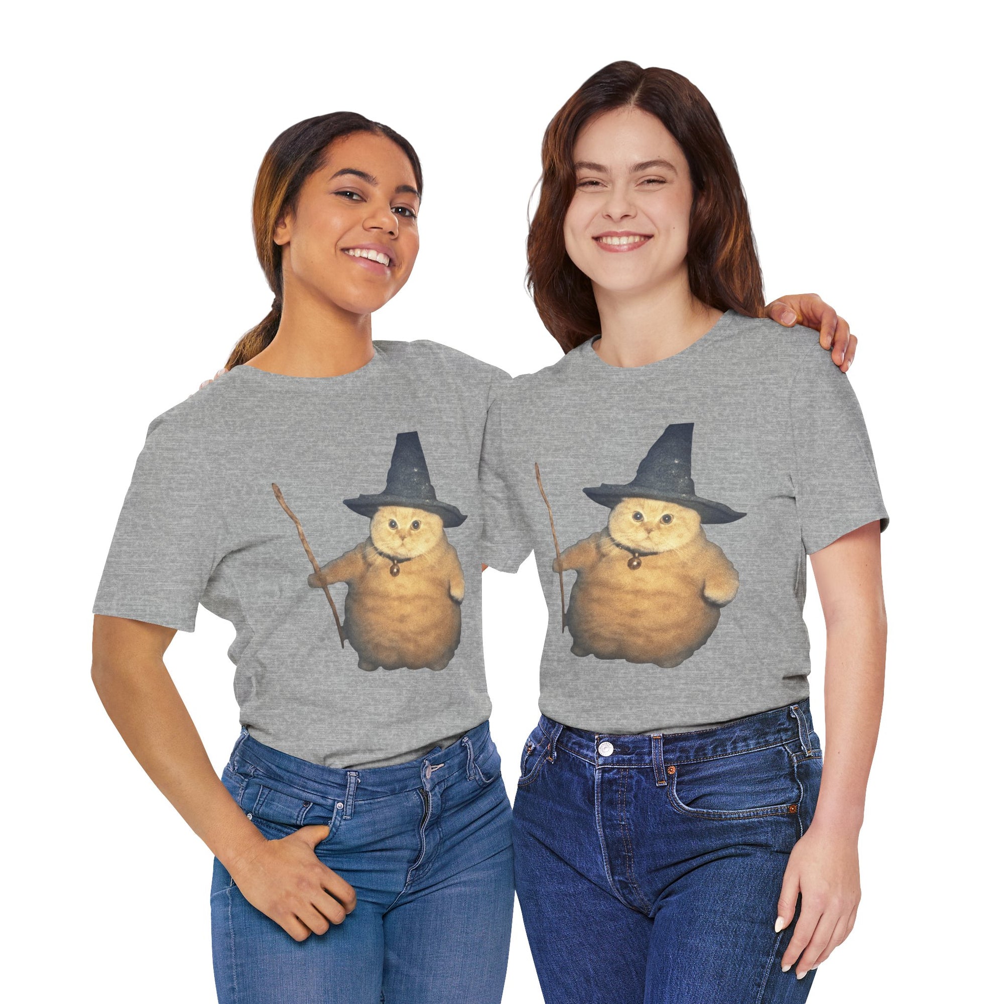Two people wearing gray t-shirts with a cartoon cat wearing a witch hat on a white background