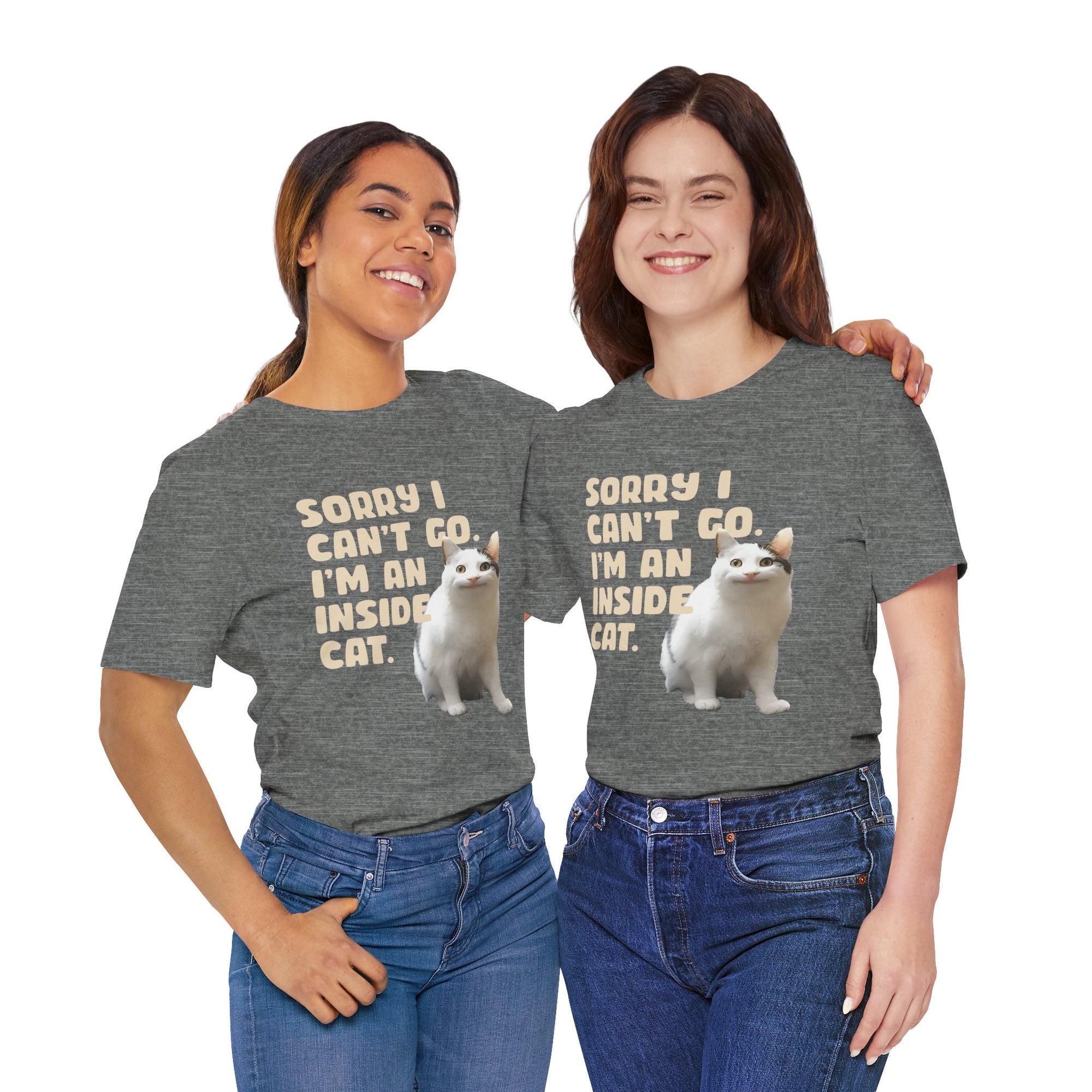 Two people wearing gray t-shirts with a cartoon cat and text on a white background