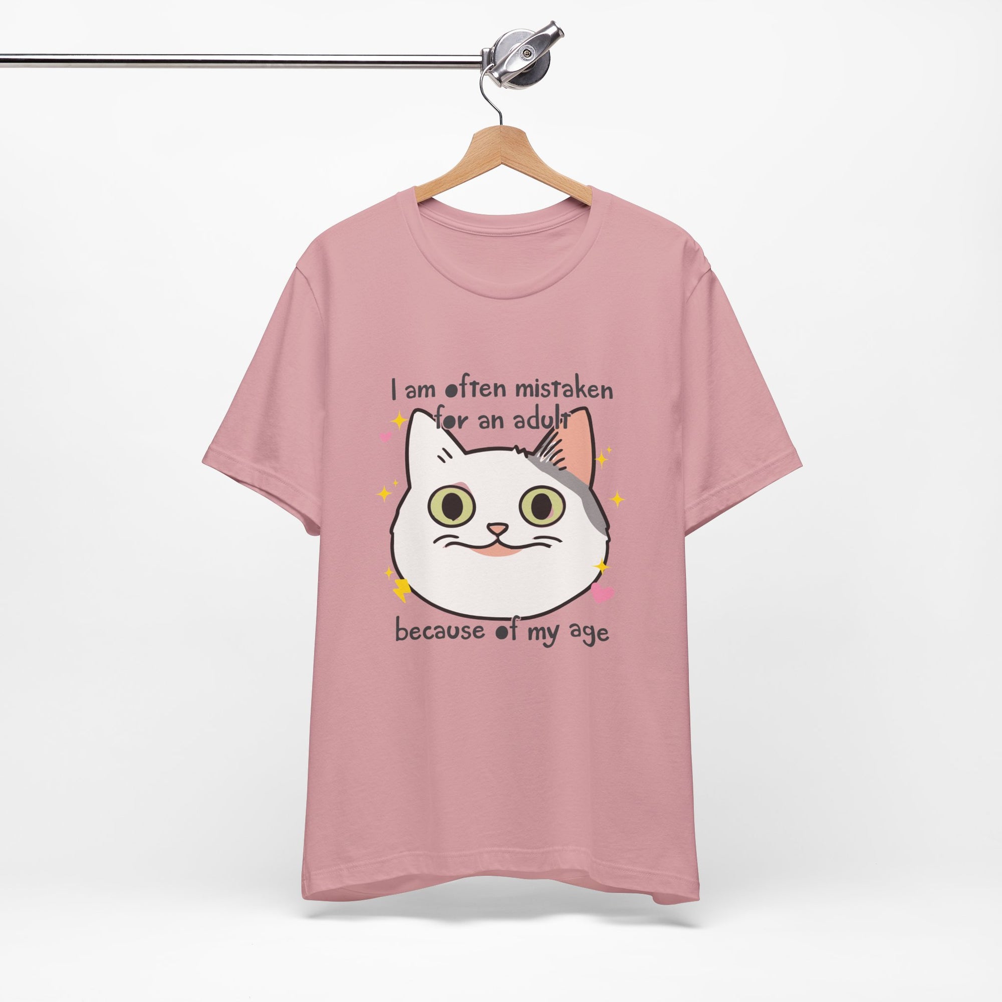 Pink t-shirt with a cat graphic and text on a hanger against a white background