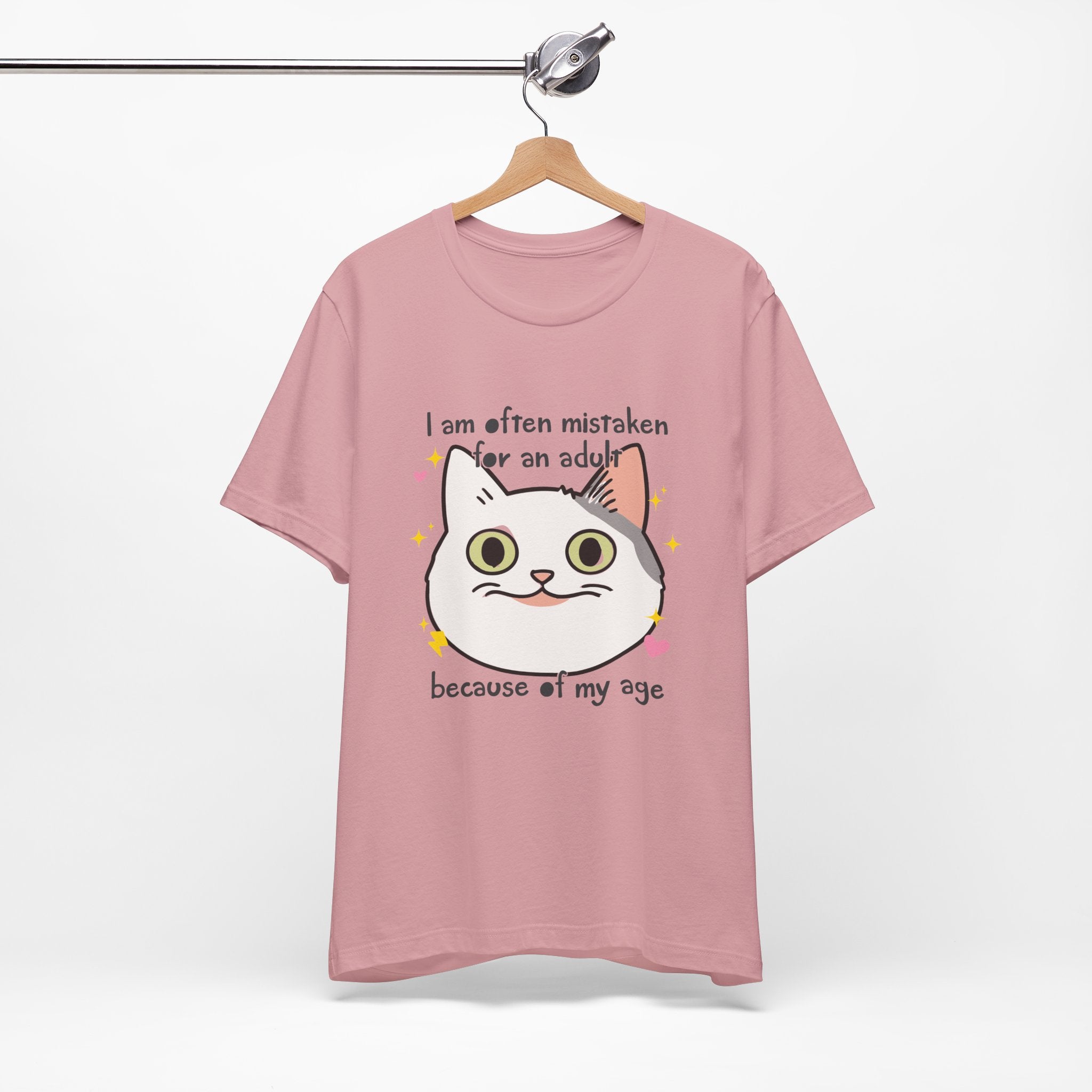 Pink t-shirt with a cat graphic and text on a hanger against a white background