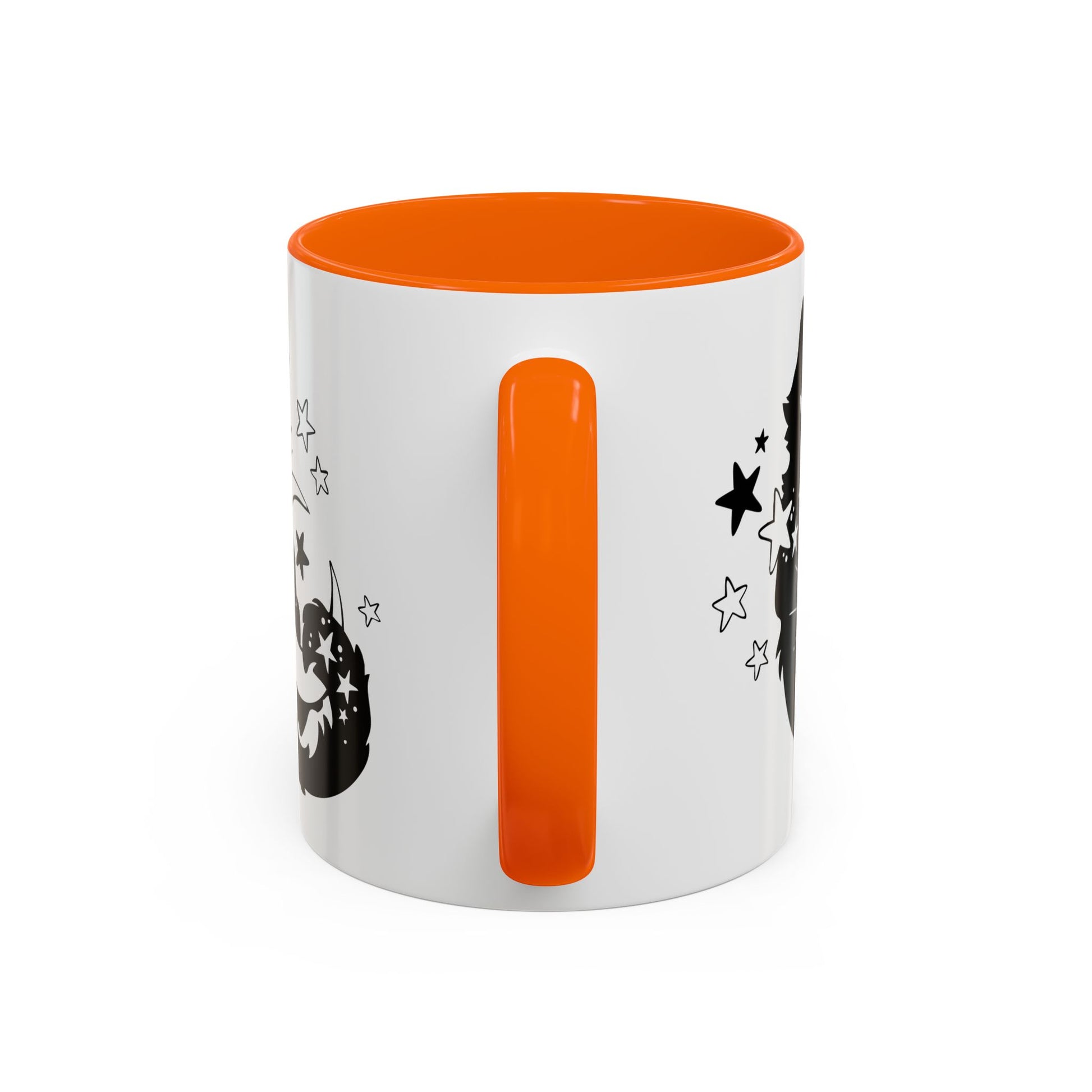 White mug with orange interior and handle, featuring black star designs on a white background