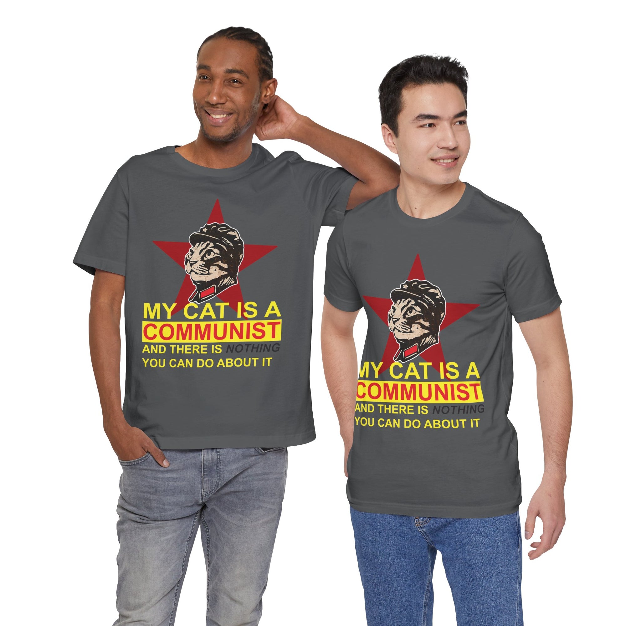 Two people wearing t-shirts with a cat graphic and text on a white background