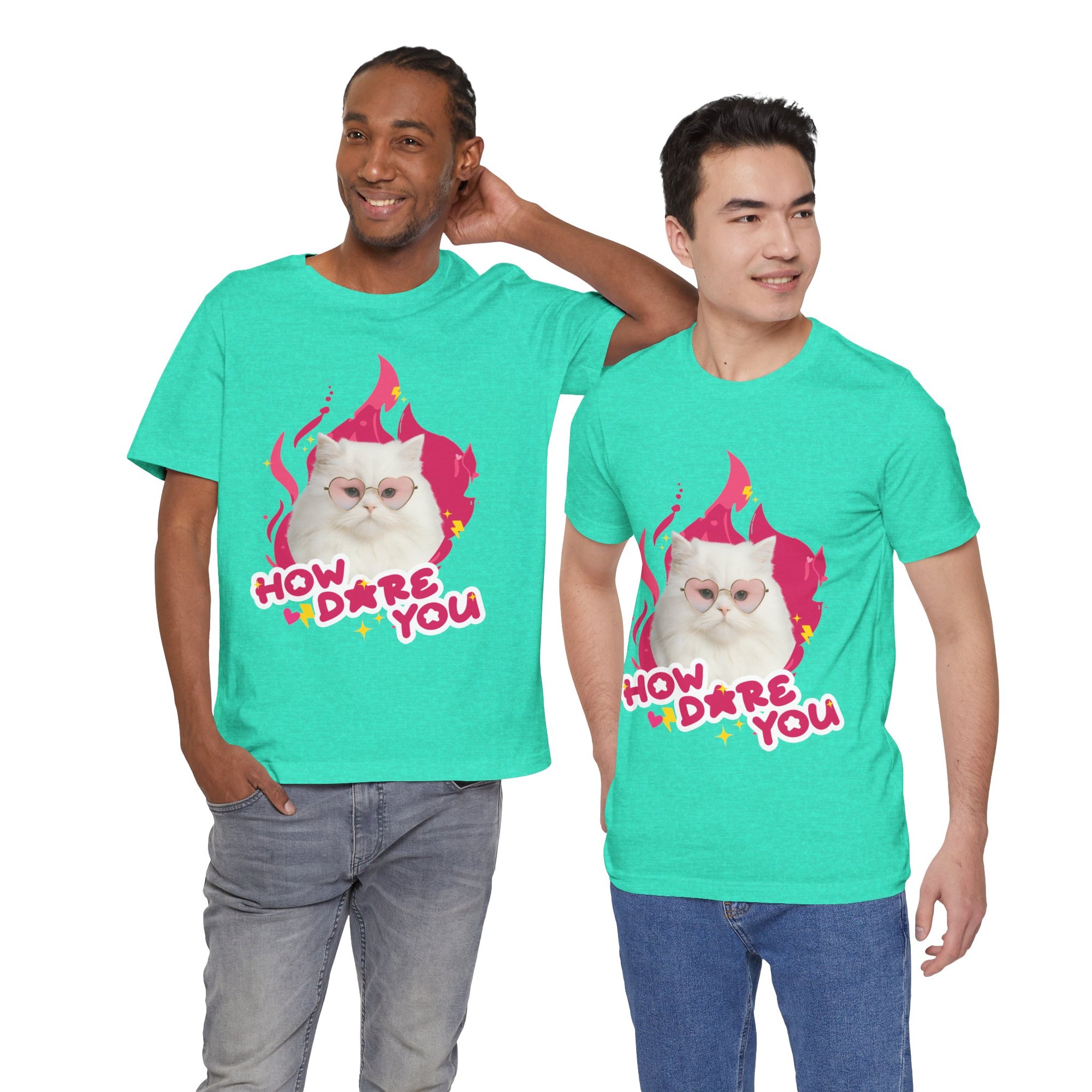 Two men wearing matching teal t-shirts with a cat graphic and text on a white background
